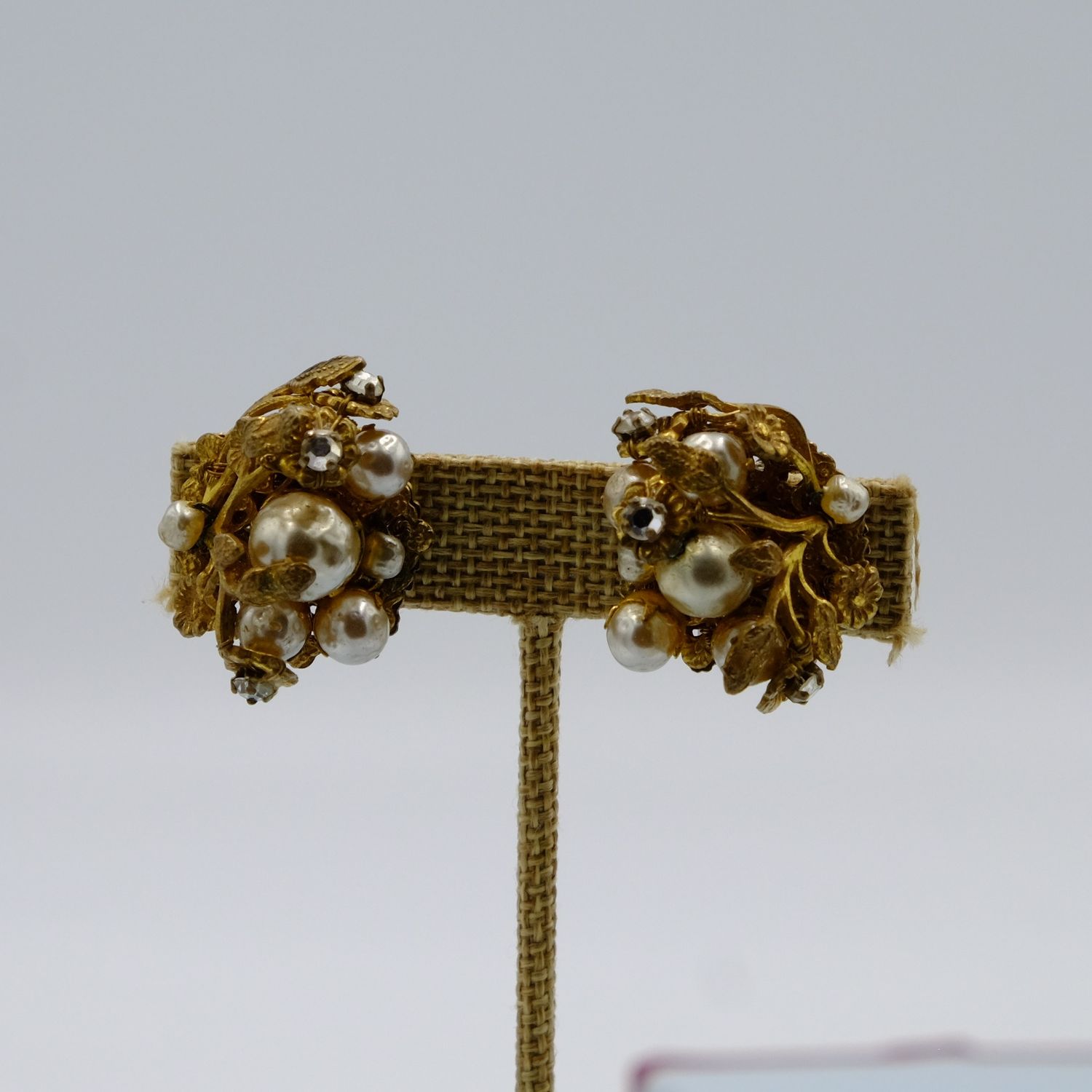 Haskell Gold Leaves Faux Pearl Earrings 1950s