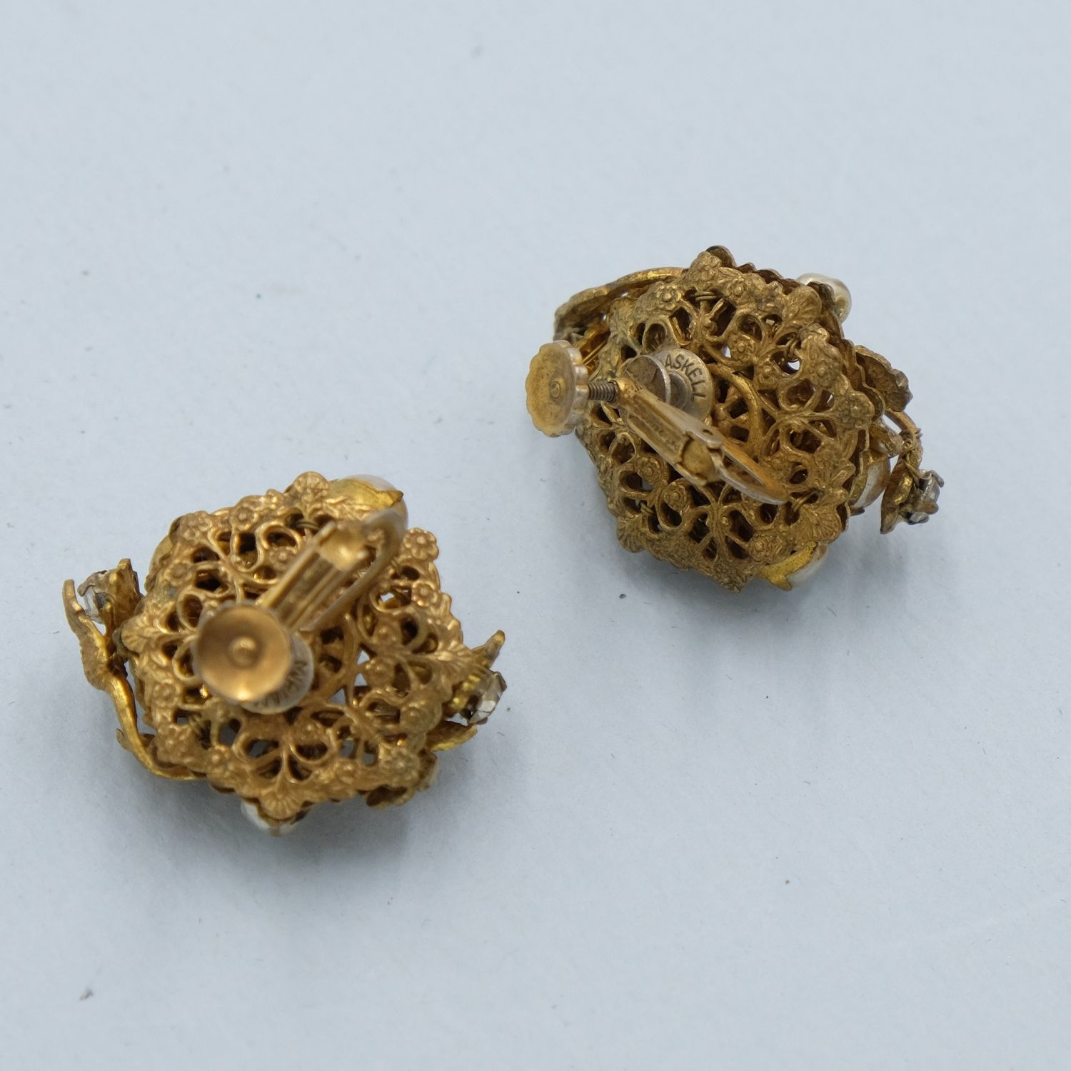 Haskell Gold Leaves Faux Pearl Earrings 1950s