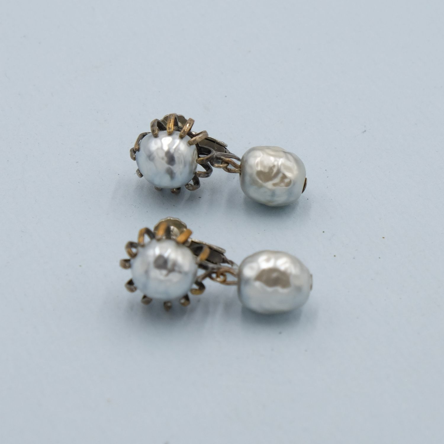 Miriam Haskell Grey Pearl Dangle Earrings 1960s