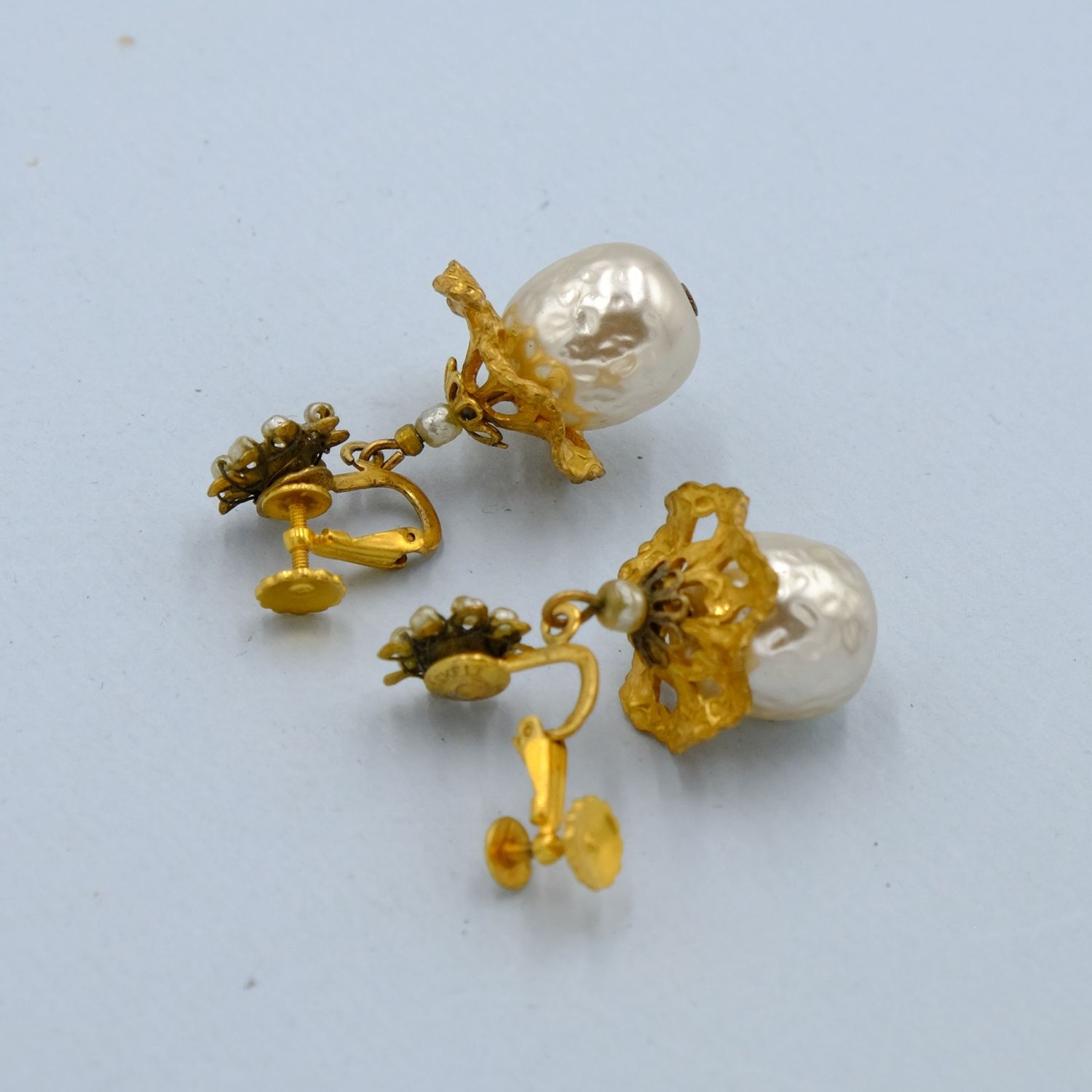Miriam Haskell Dangle Pearl Filigree Earrings 1960s