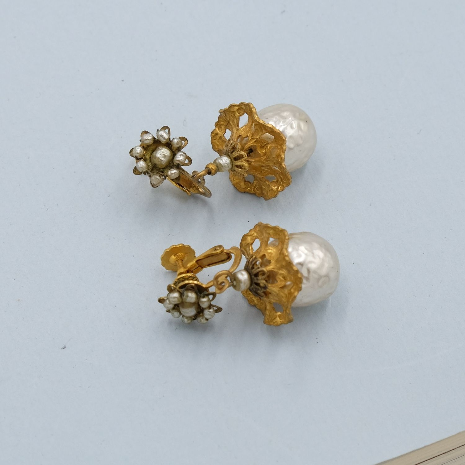 Miriam Haskell Dangle Pearl Filigree Earrings 1960s