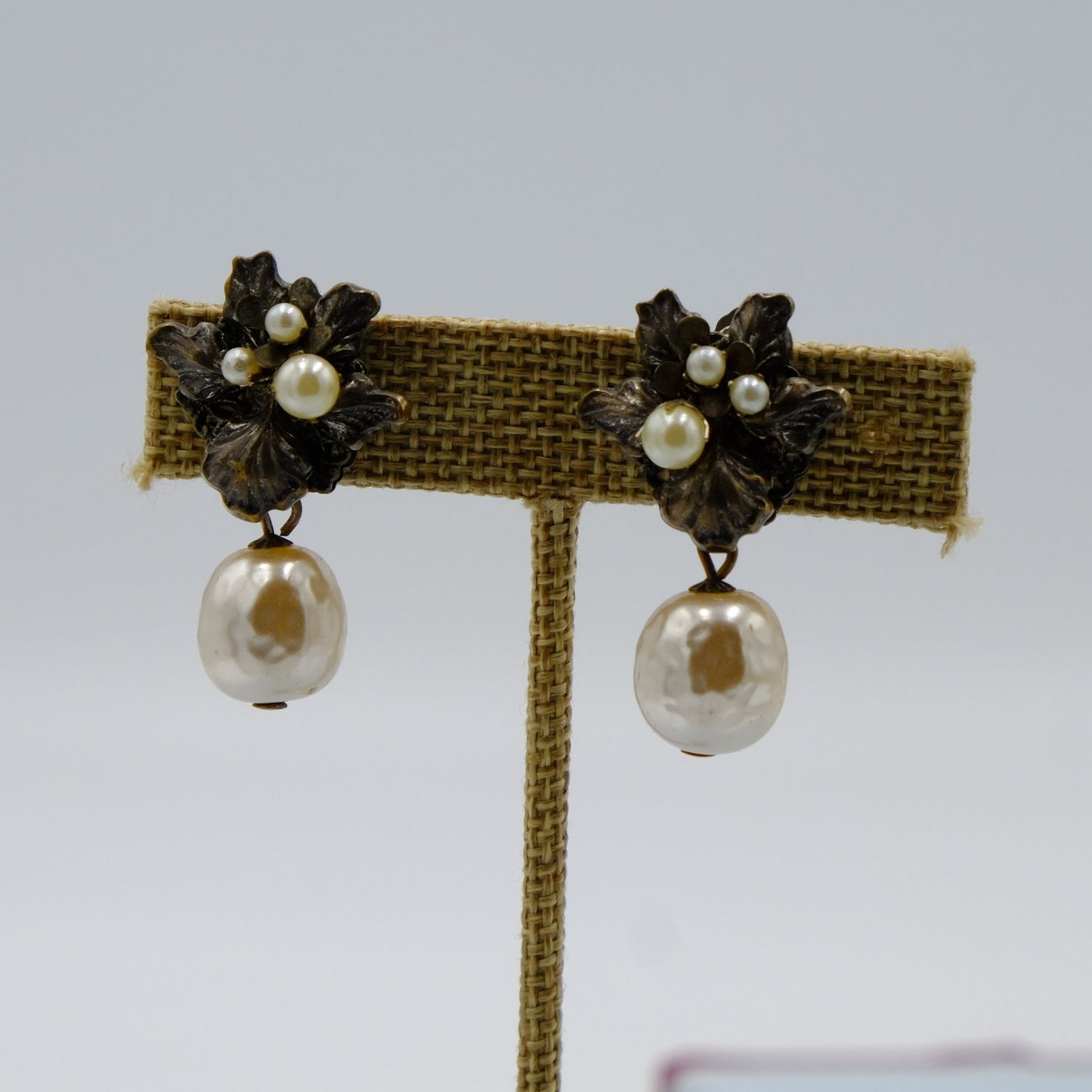 Miriam Haskell Silver Earrings with pearl drop pearl 1960s