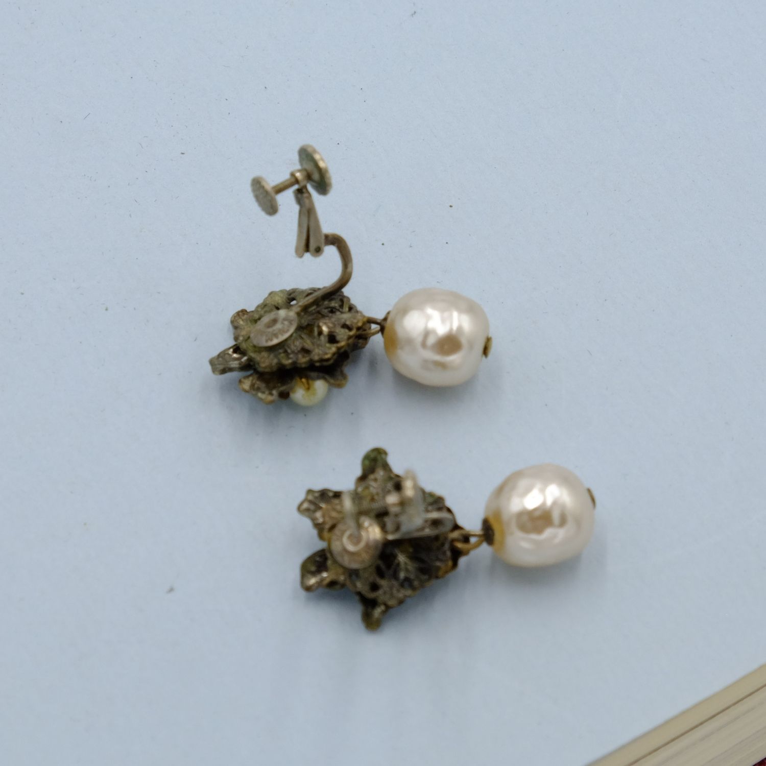 Miriam Haskell Silver Earrings with pearl drop pearl 1960s