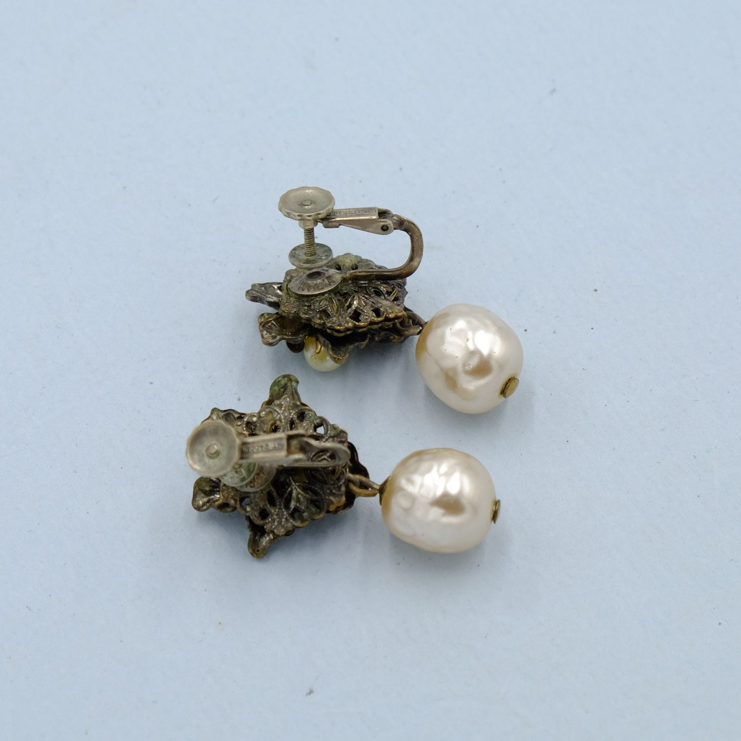 Miriam Haskell Silver Earrings with pearl drop pearl 1960s
