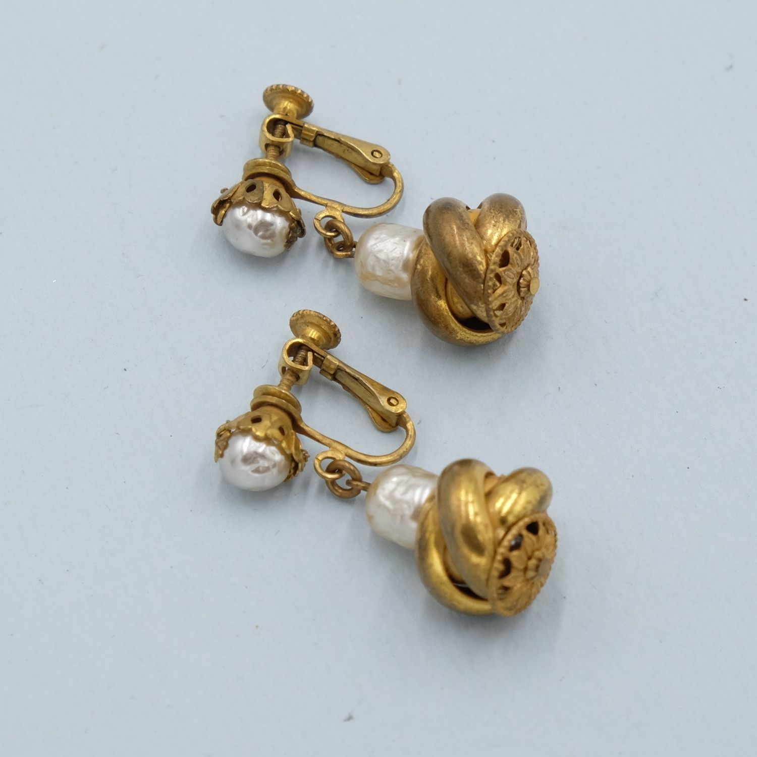 Miriam Haskell Dangle Earrings Twisted Gold Pearl Earrings 1960s