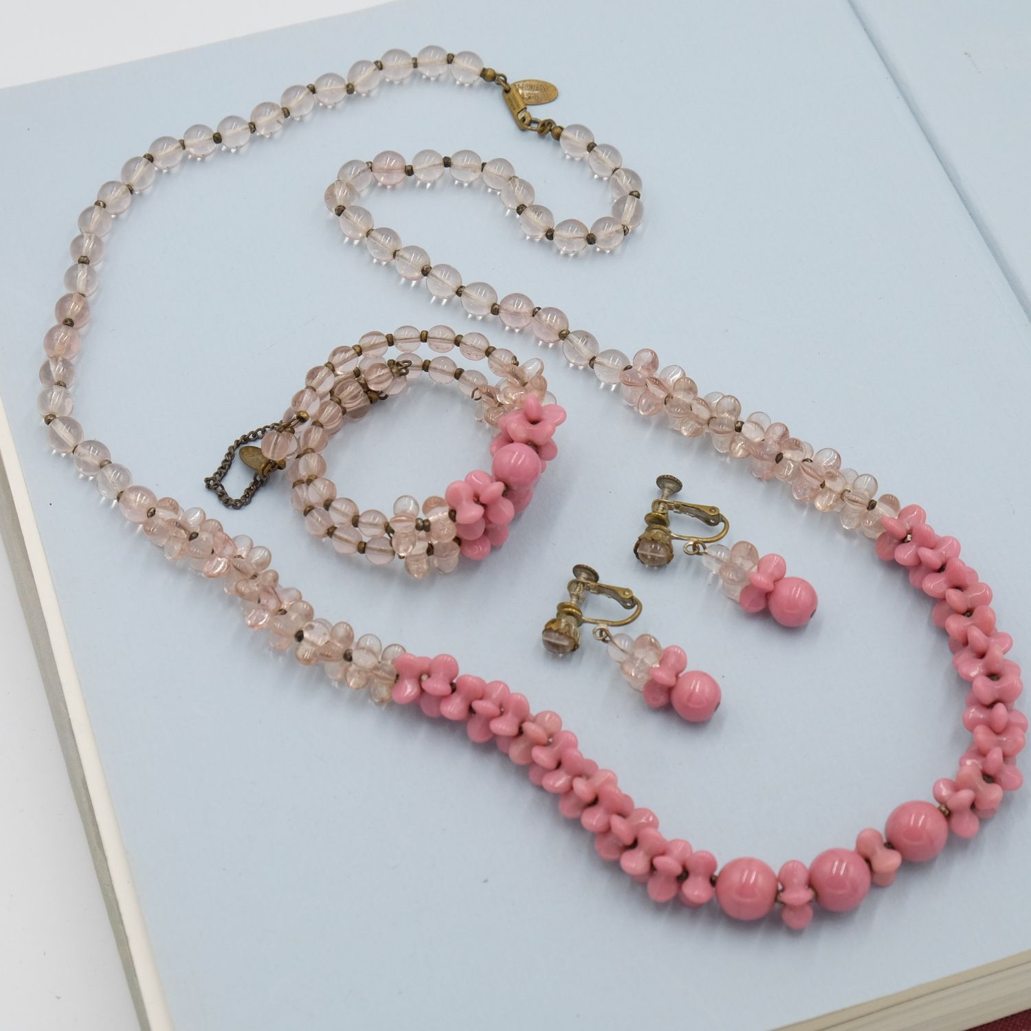 Miriam Haskell Pink Glass Set - Necklace, Bracelet and Earrings 1960s