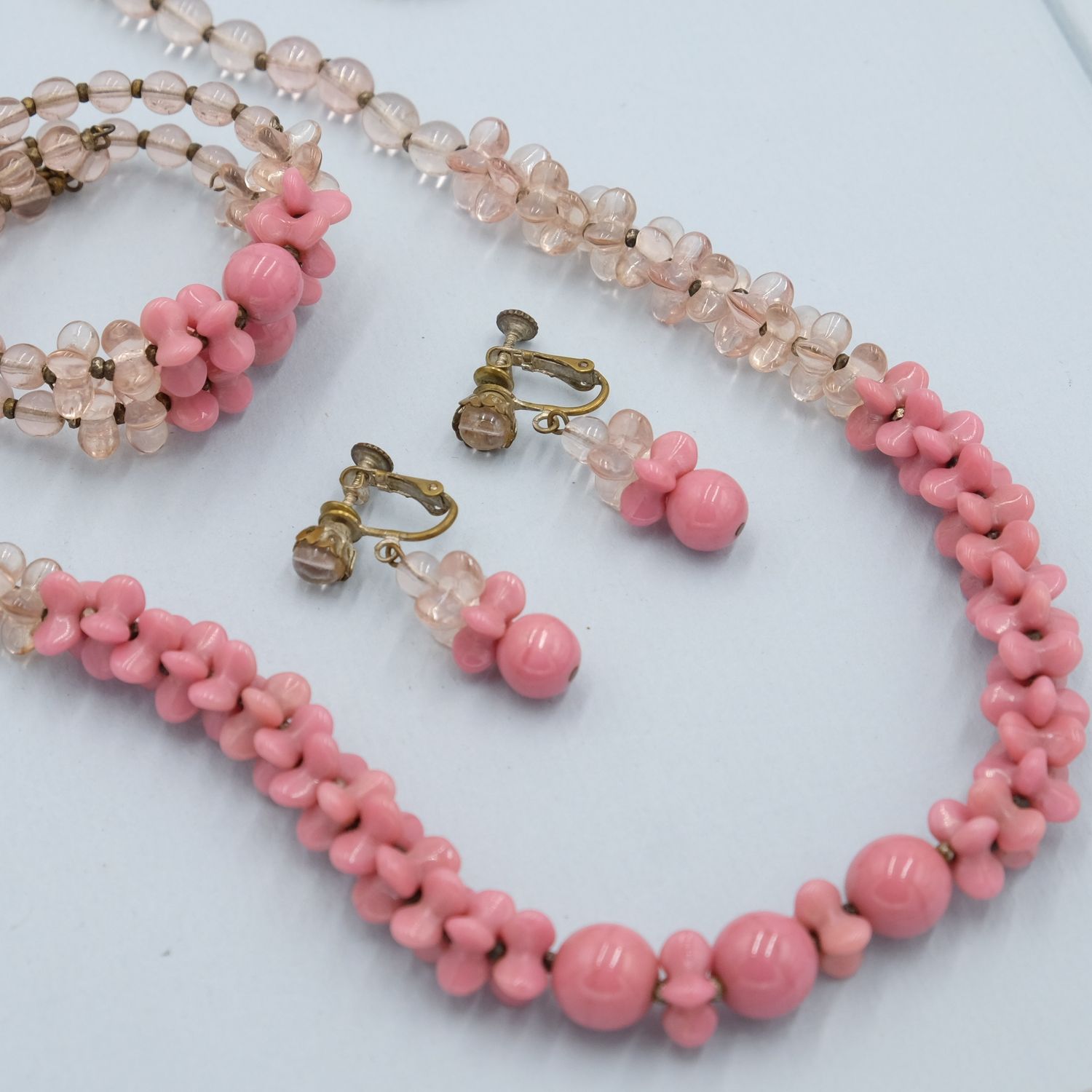 Miriam Haskell Pink Glass Set - Necklace, Bracelet and Earrings 1960s