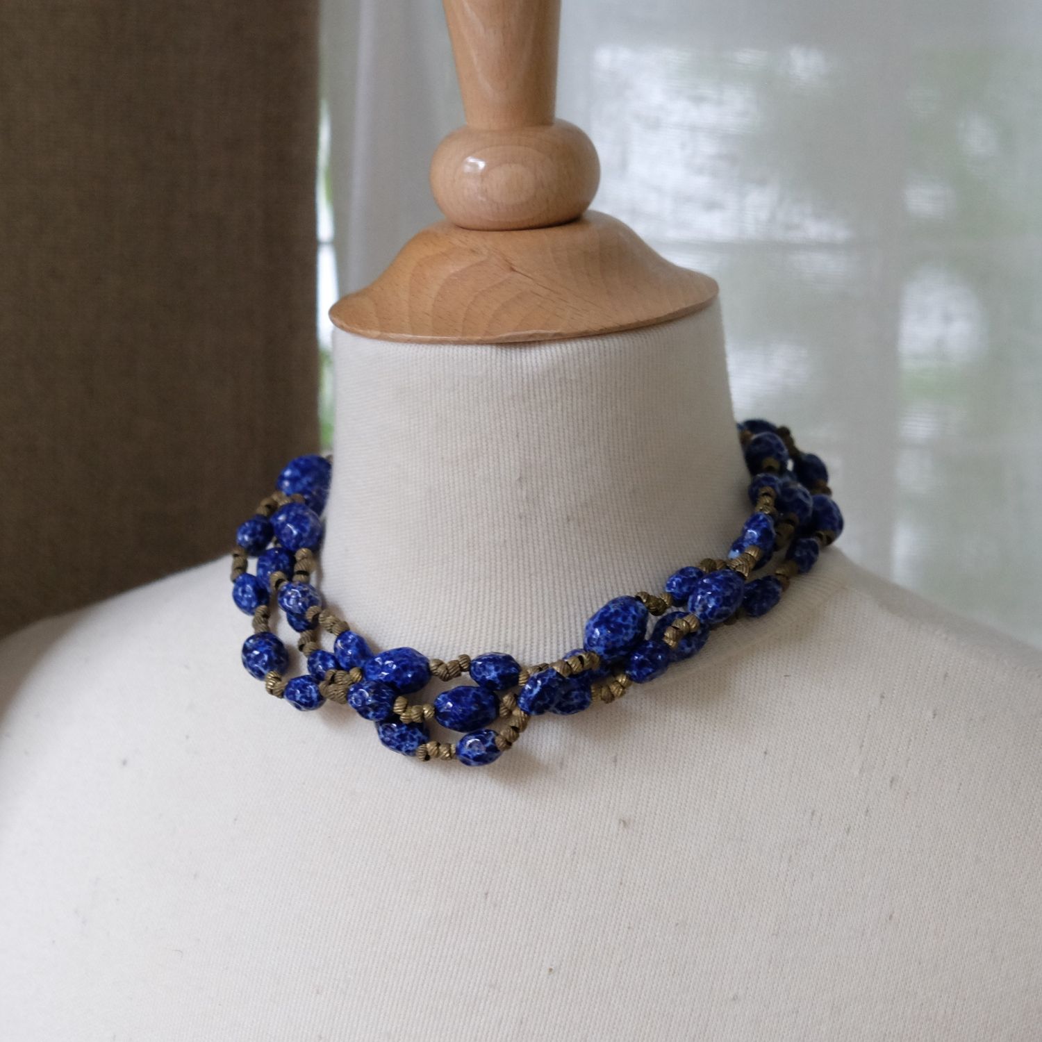 Miriam Haskell Cobalt Art Glass Necklace 1950s