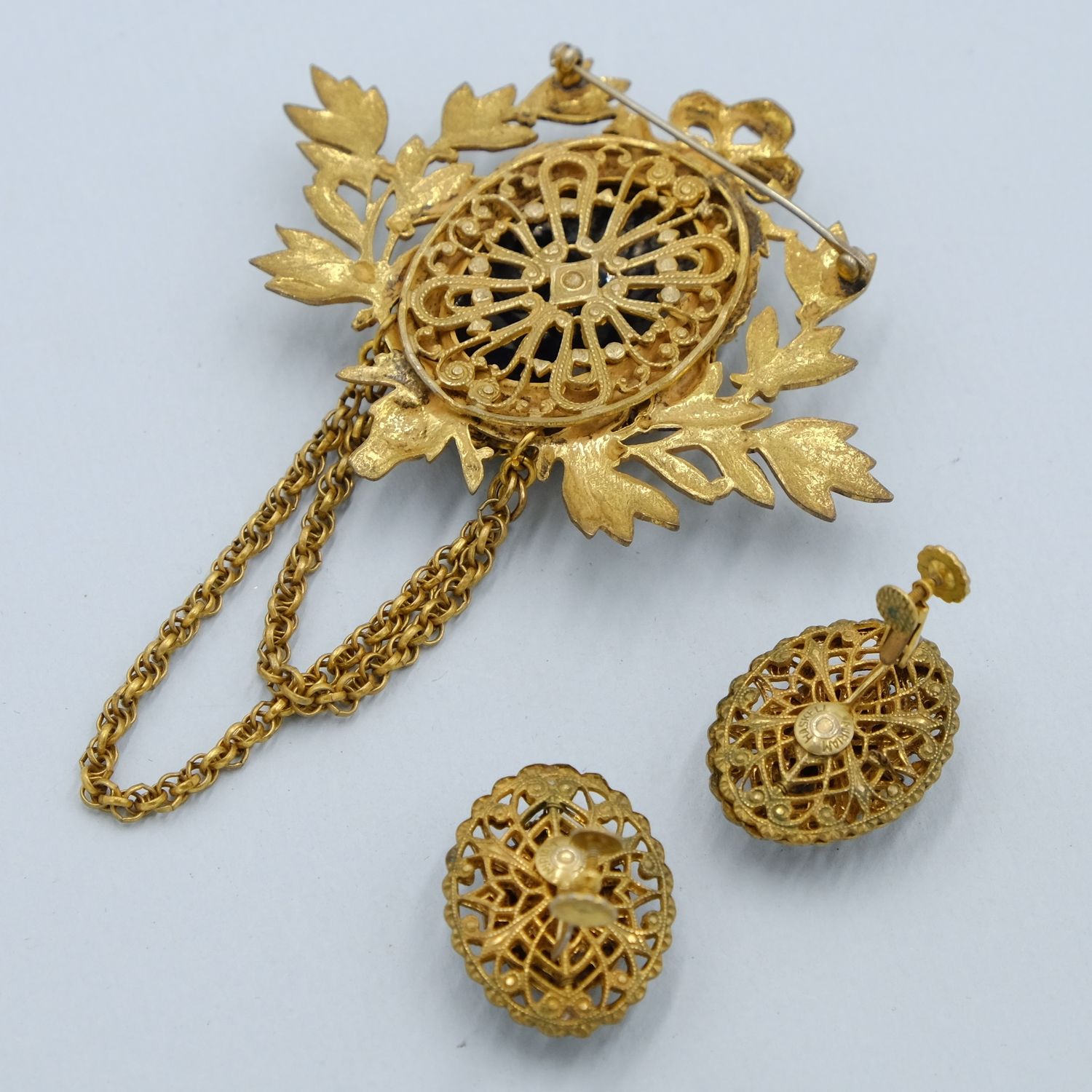 Miriam Haskell Green Decorative Intaglio Pin and Earrings Set 1970s