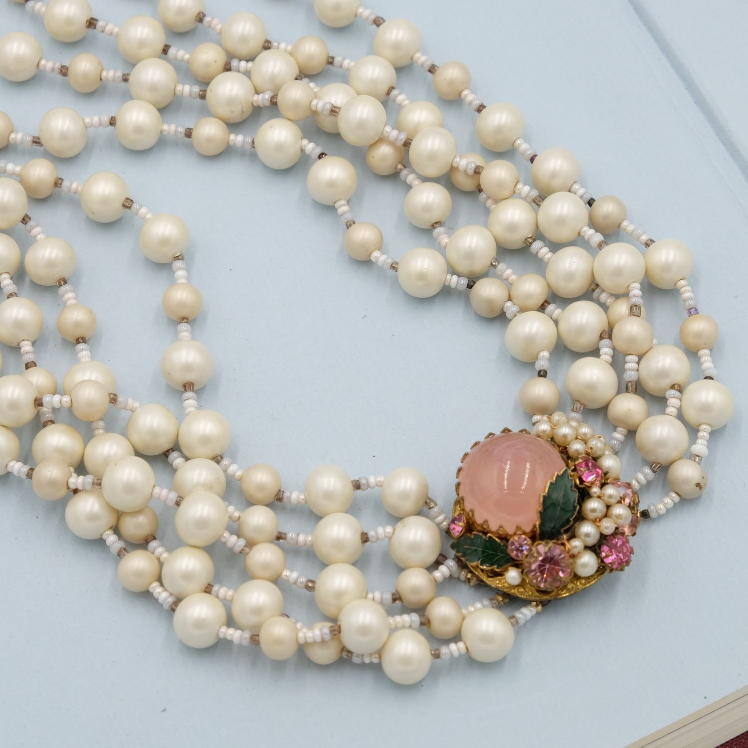 Miriam Haskell 5 strand matte pearls with large pink clasp necklace 1960s