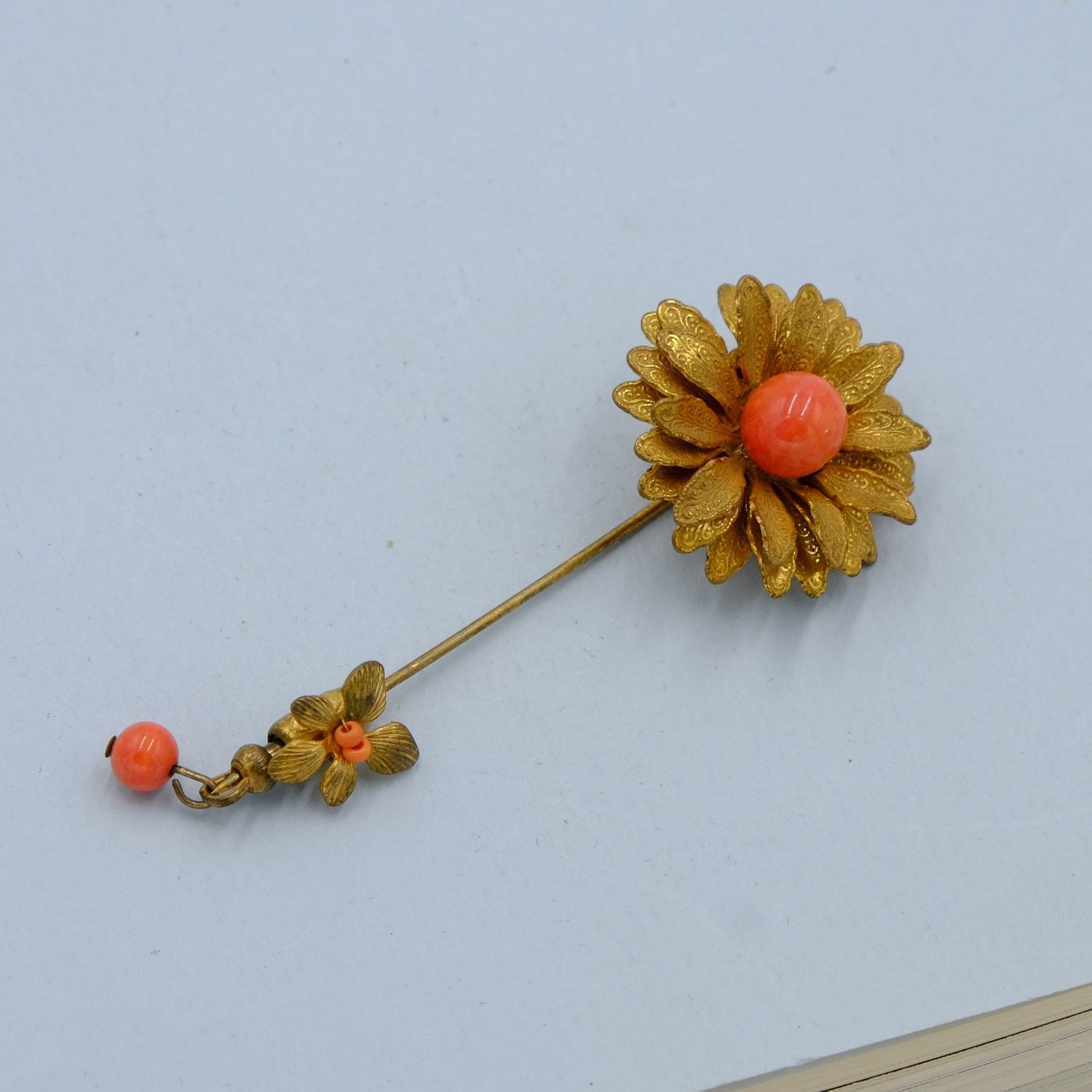 Miriam Haskell Stick Pin Coral Glass Flower 1950s