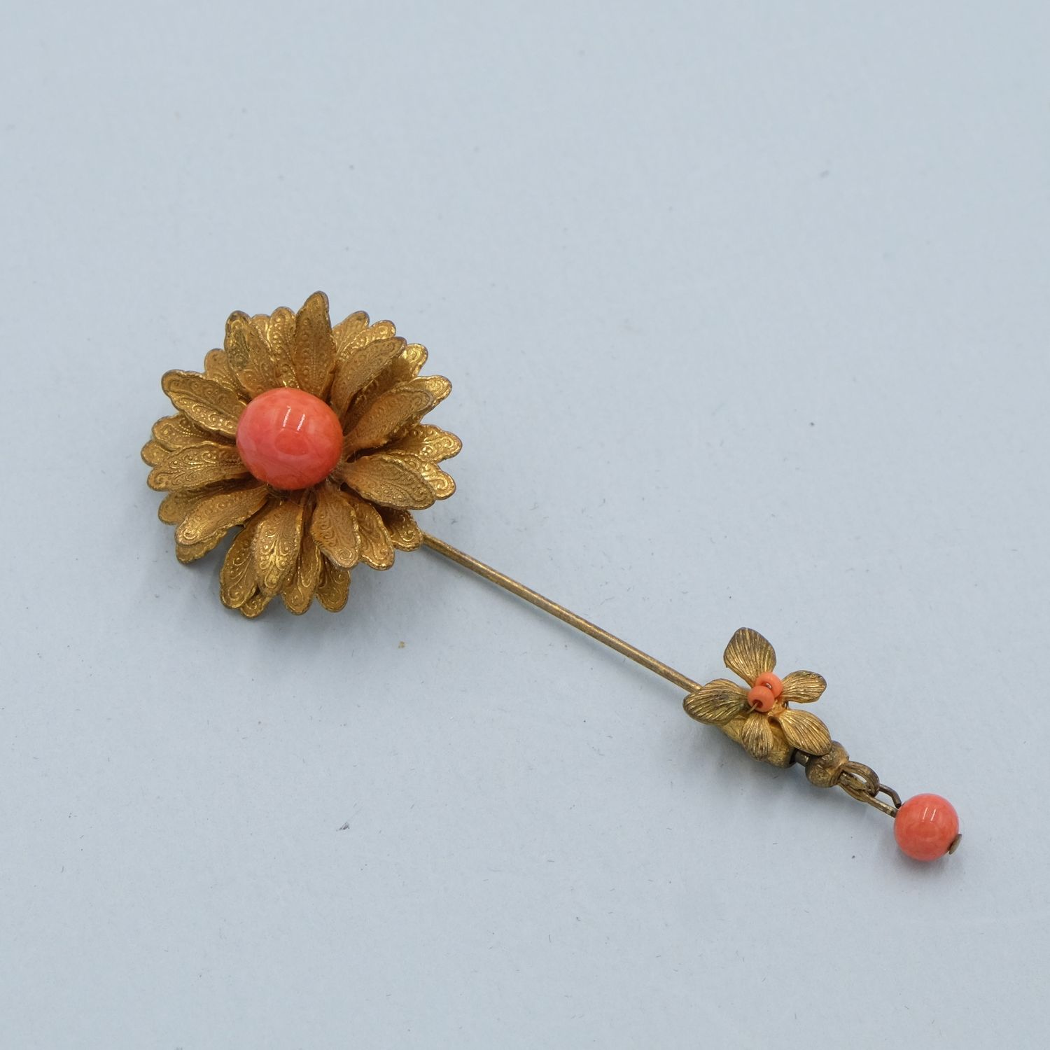 Miriam Haskell Stick Pin Coral Glass Flower 1950s
