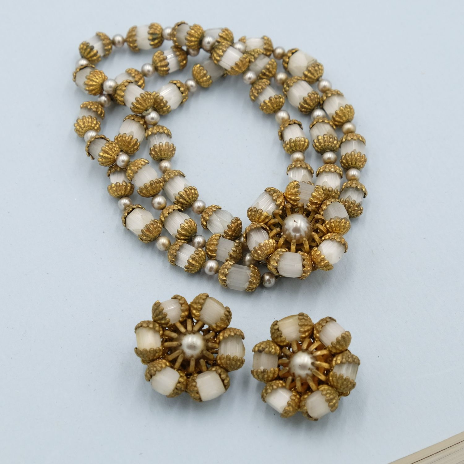 Miriam Haskell Satin Glass Set Bracelet and Earrings 1960s