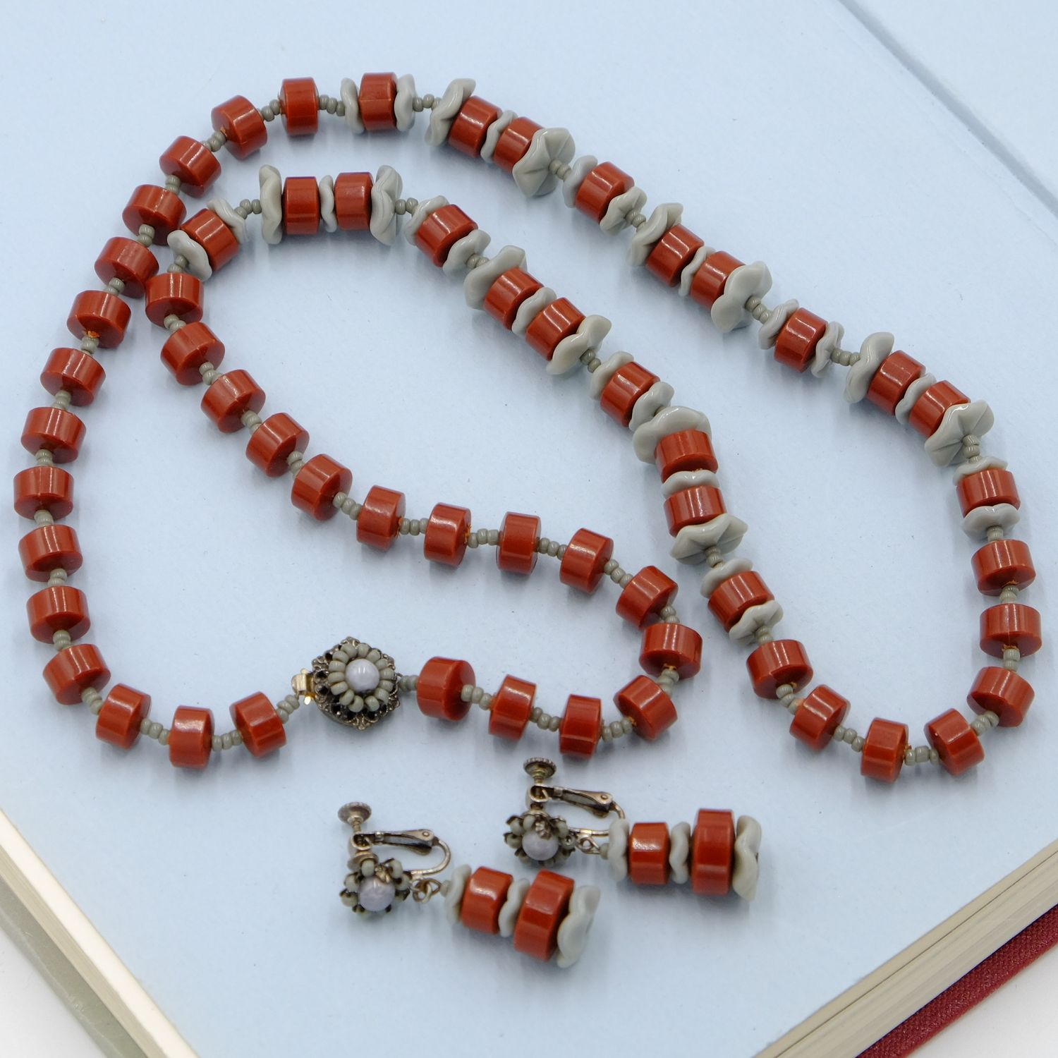 Vintage Miriam Haskell Carnelian Grey Plastic Beads Necklace and Earrings 1970s