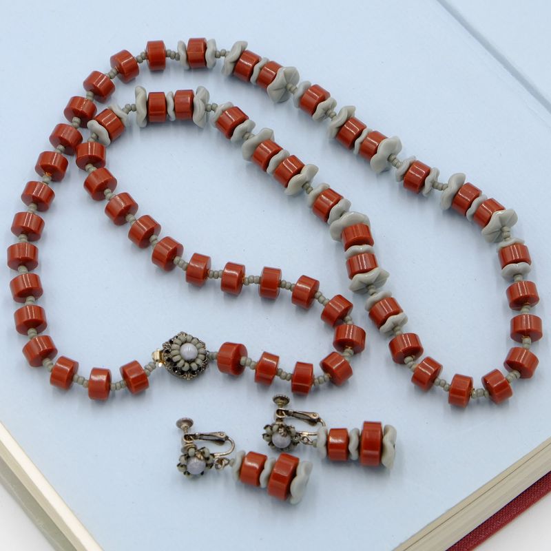 Vintage Miriam Haskell Carnelian Grey Plastic Beads Necklace and Earrings 1970s