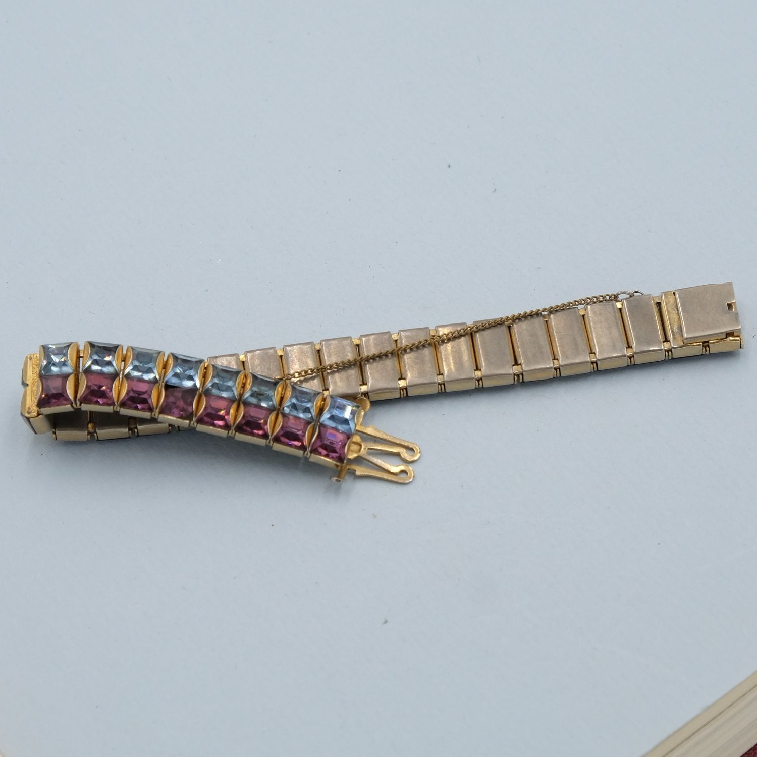 Vintage two row blue and purple rhinestone bracelet 1950s 