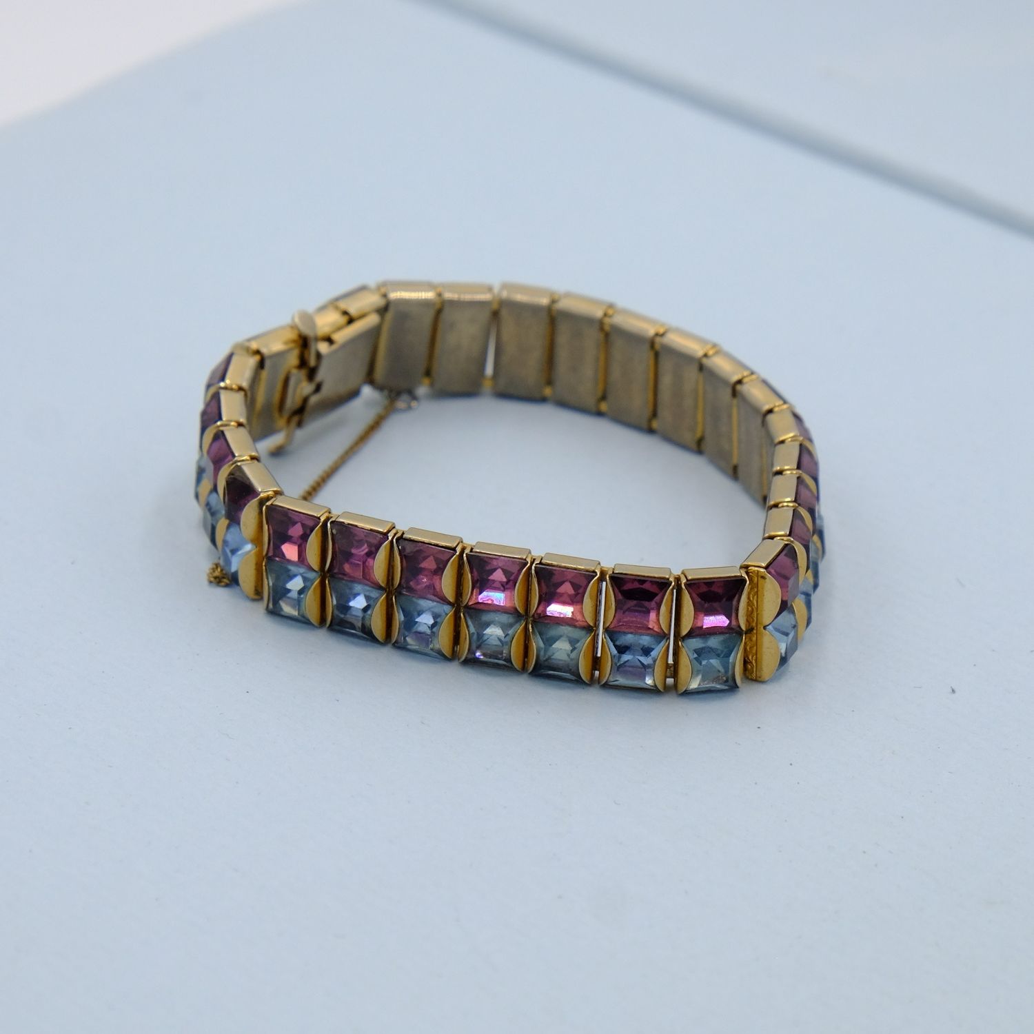 Vintage two row blue and purple rhinestone bracelet 1950s 