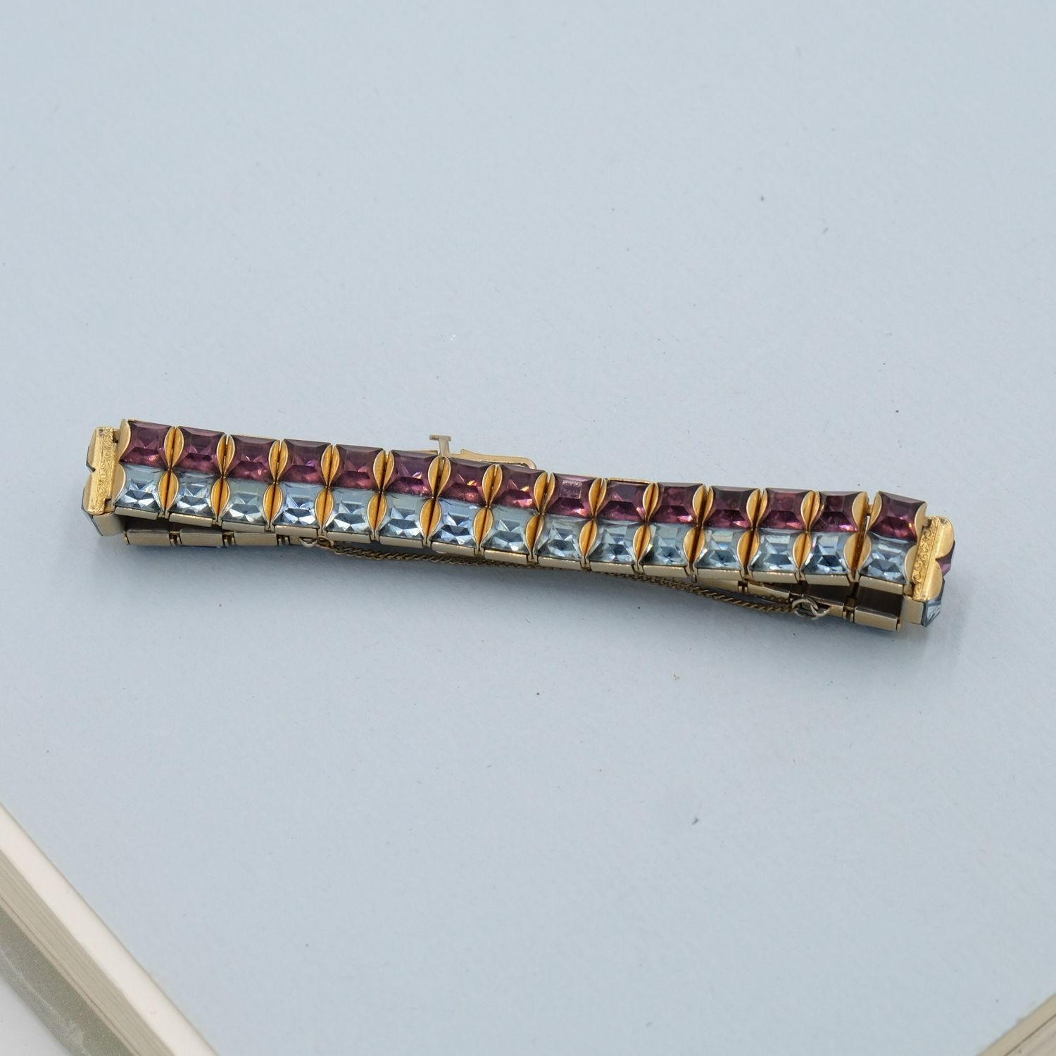 Vintage two row blue and purple rhinestone bracelet 1950s 