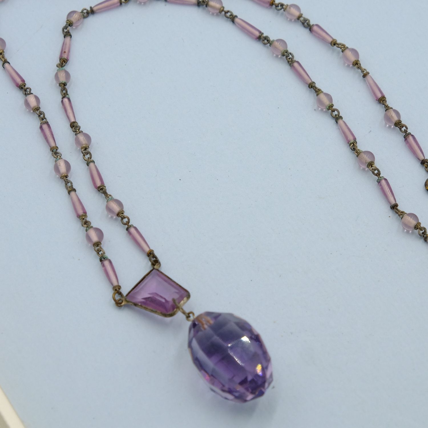 Antique Czech Purple Drop Delicate Necklace 1910s