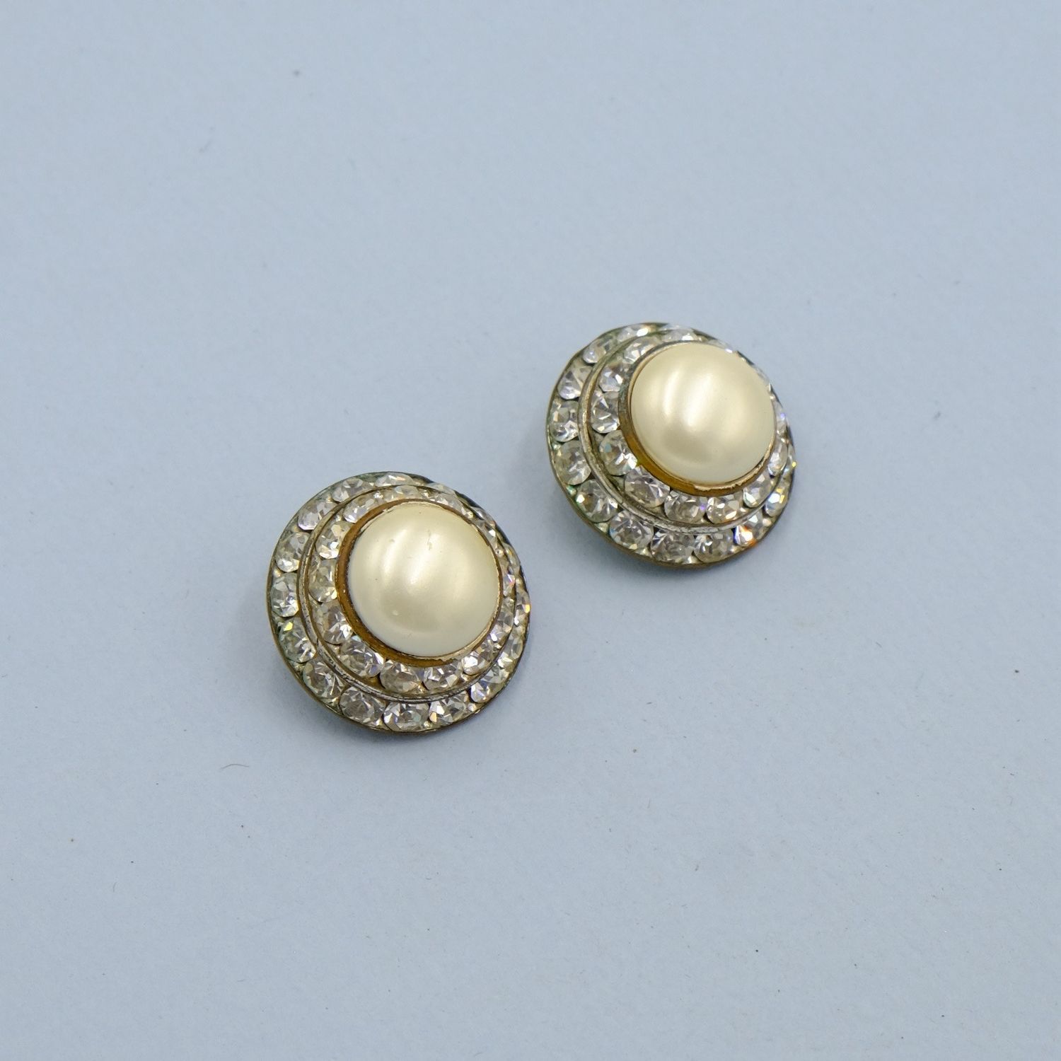 Vintage Faux Pearl Dome Earrings with Rhinestones 1930s