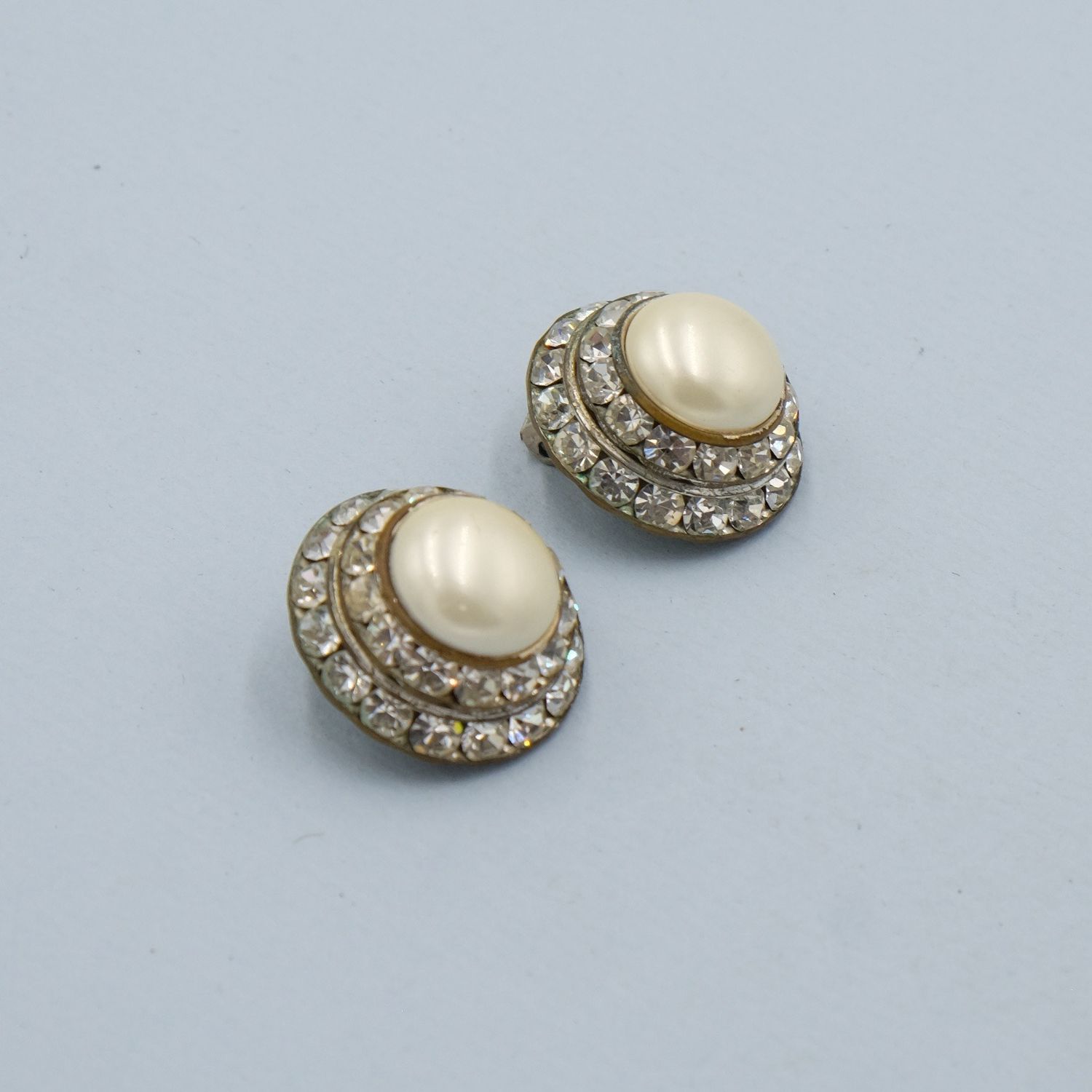 Vintage Faux Pearl Dome Earrings with Rhinestones 1930s
