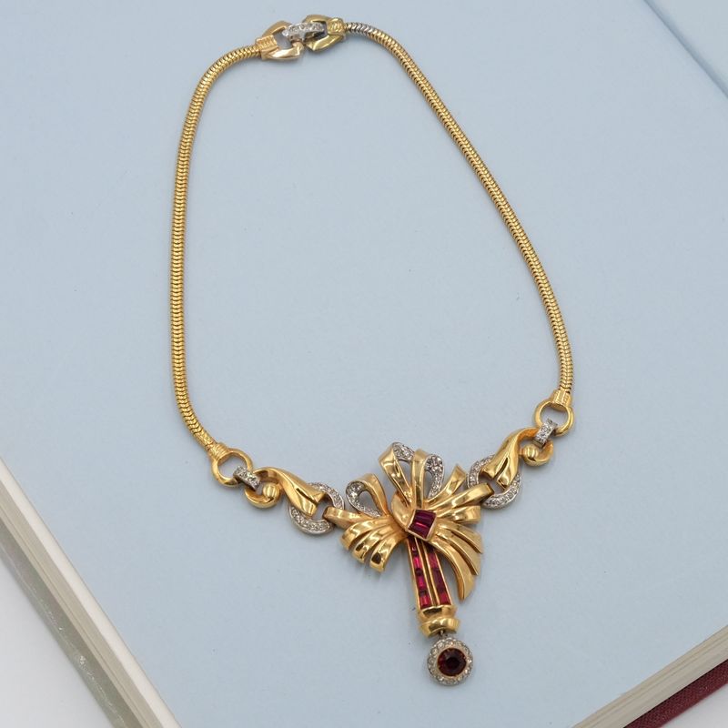 Mazer Retro Faux Ruby Bow Necklace 1940s