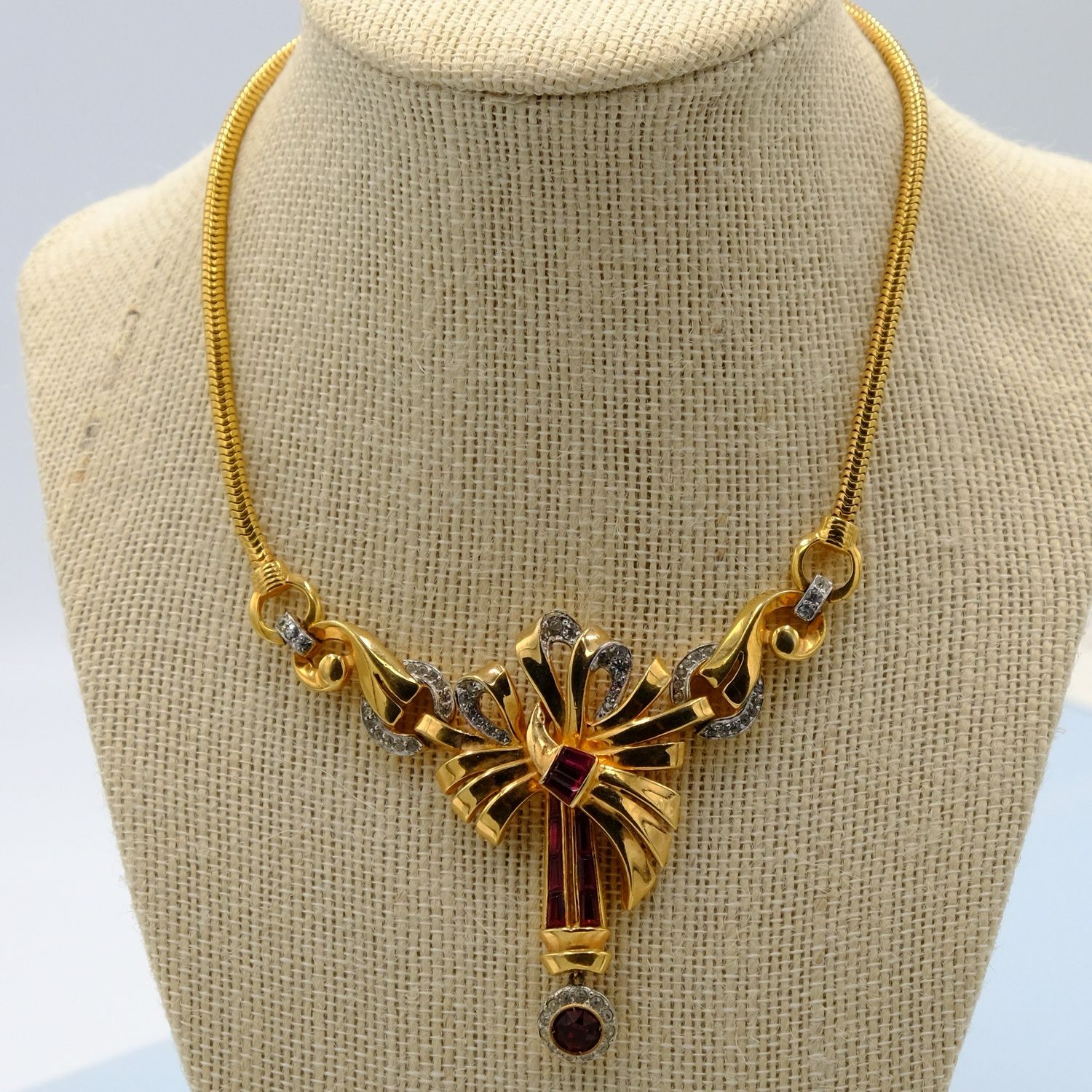 Mazer Retro Faux Ruby Bow Necklace 1940s