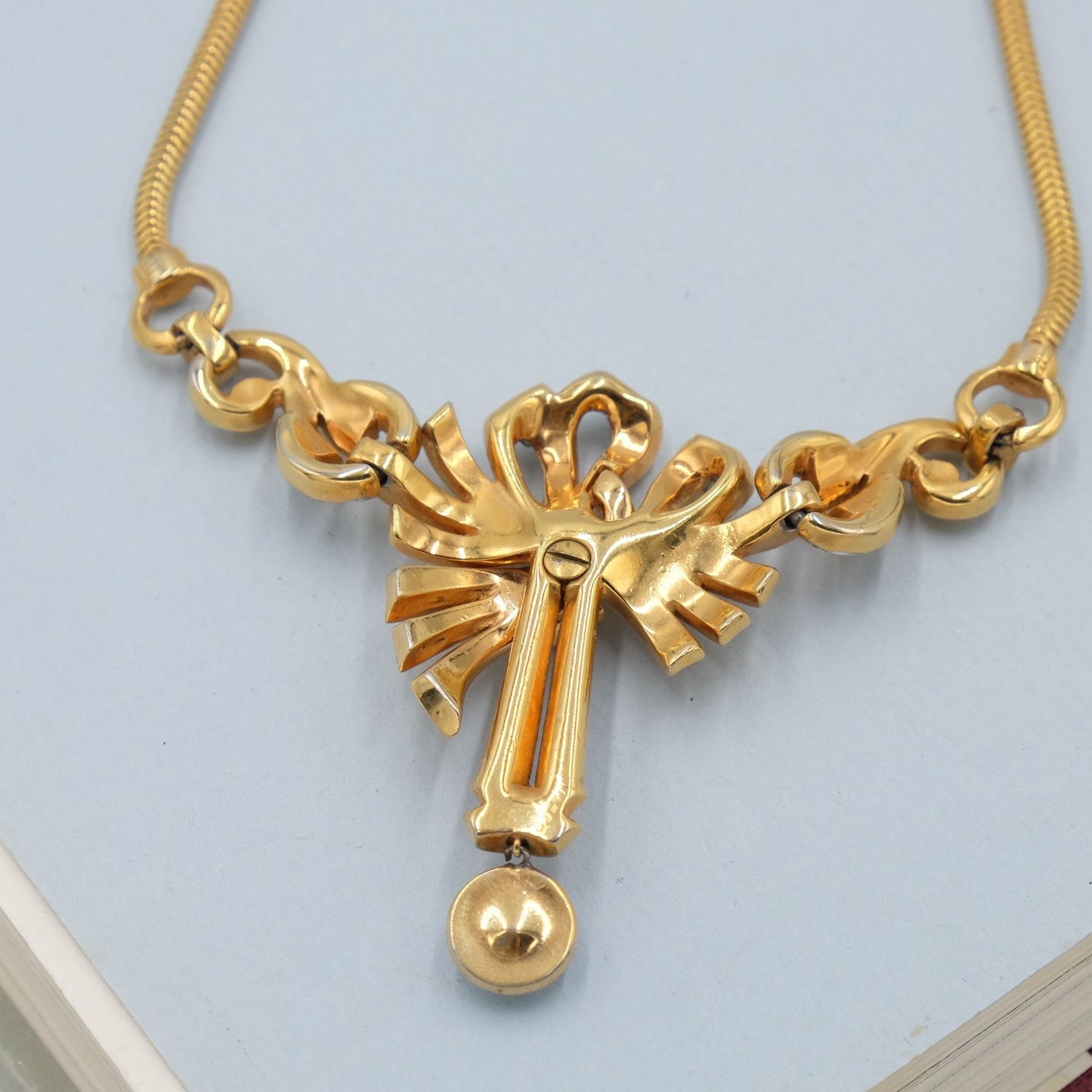 Mazer Retro Faux Ruby Bow Necklace 1940s