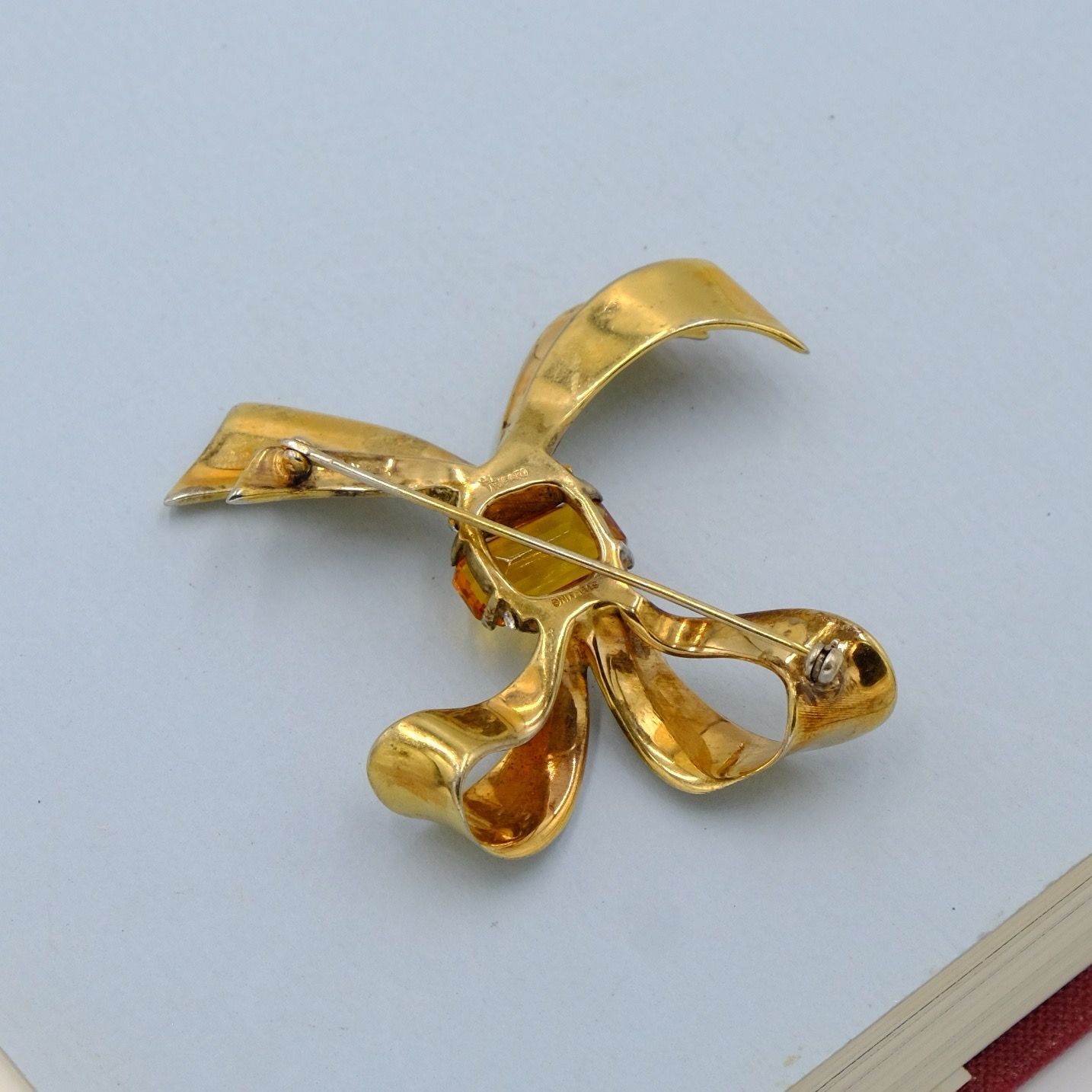 Trifari Sterling Bow Pin with Faux Citrine 1940s