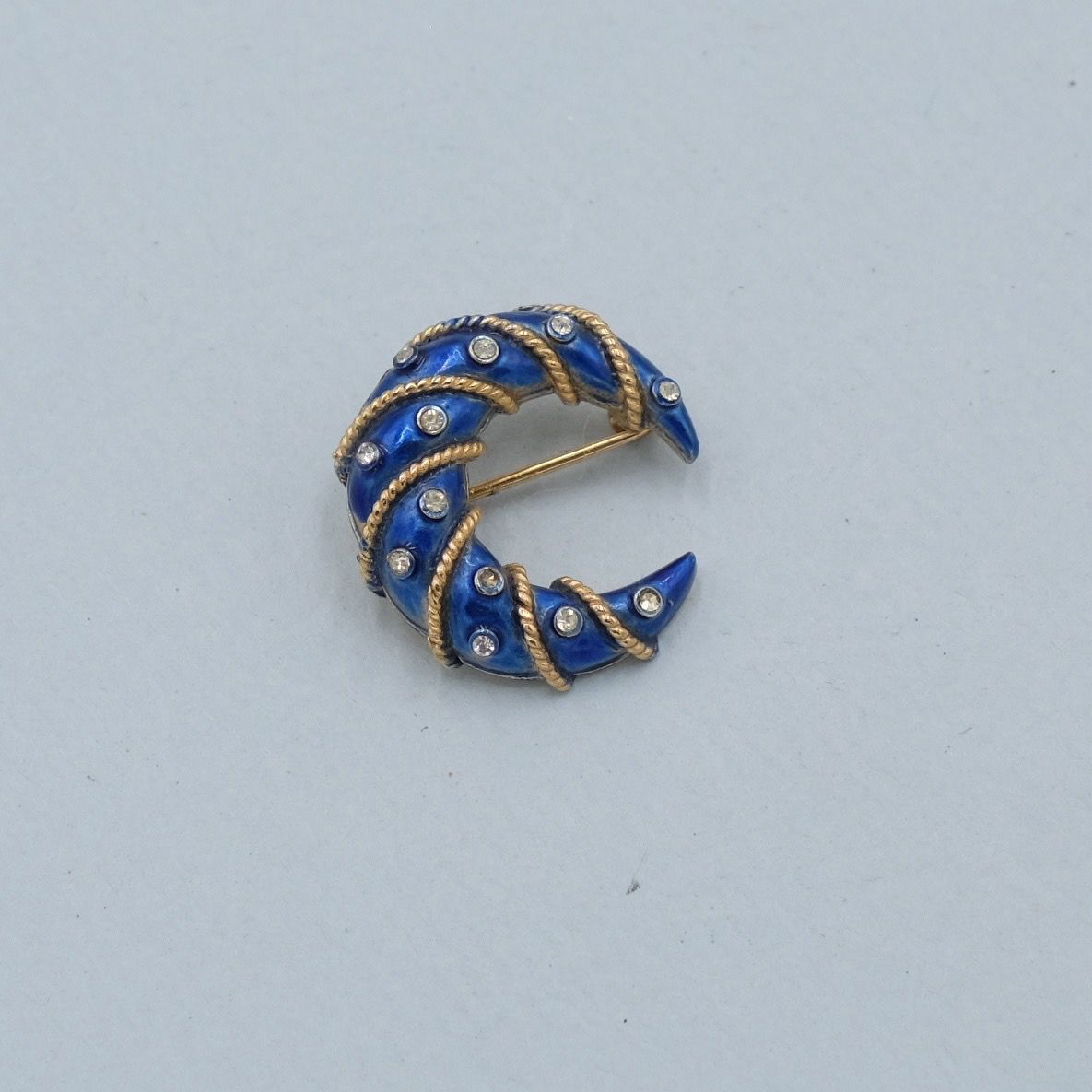 Vintage Trifari Enamel Blue Crescent Pin 1960s