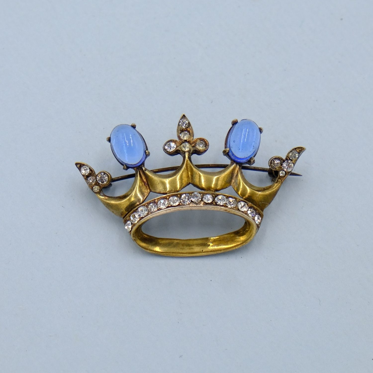 Vintage Crown Sterling Pin with Blue Cabochons 1940s