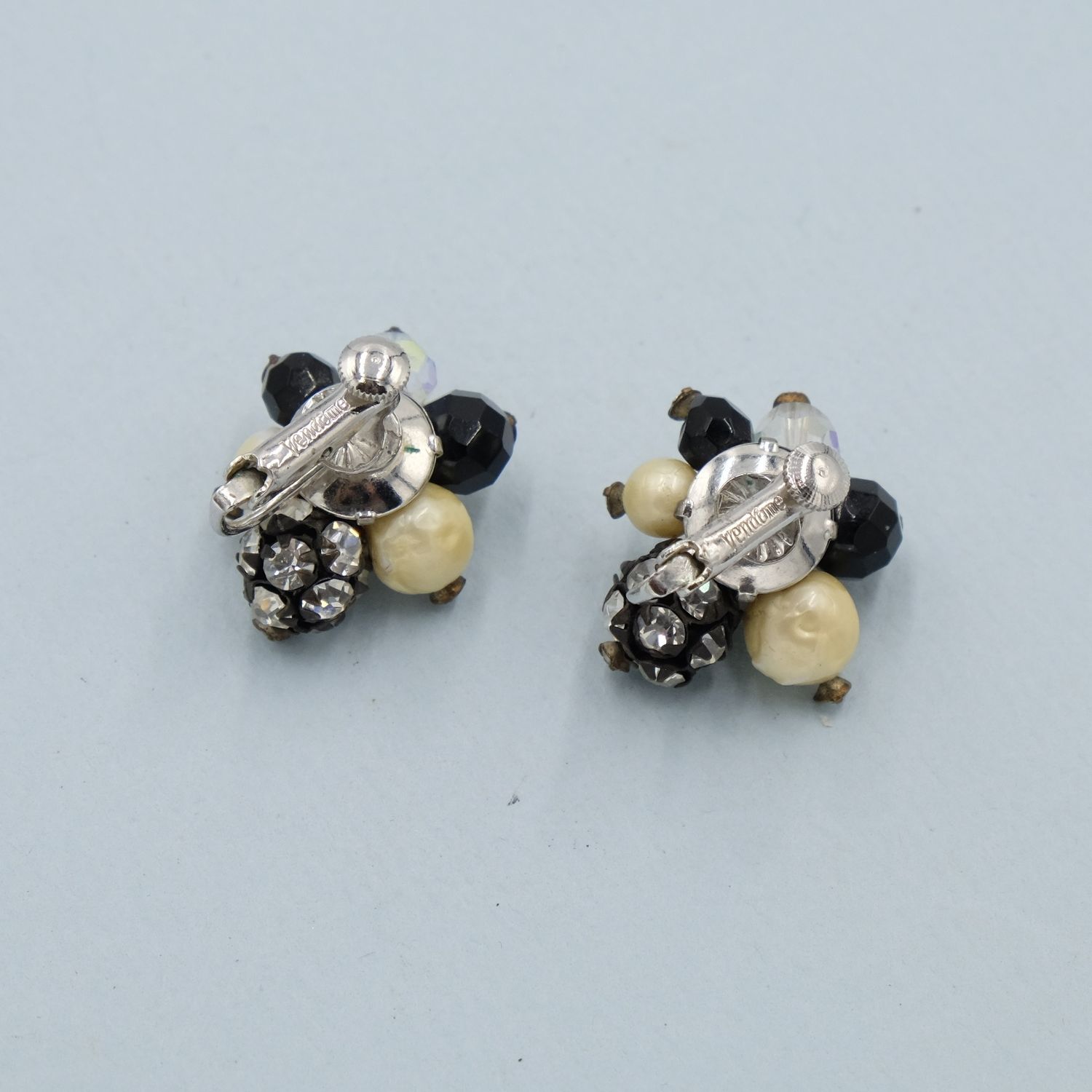 Vintage Vendome Black and White Cluster Earrings 1960s