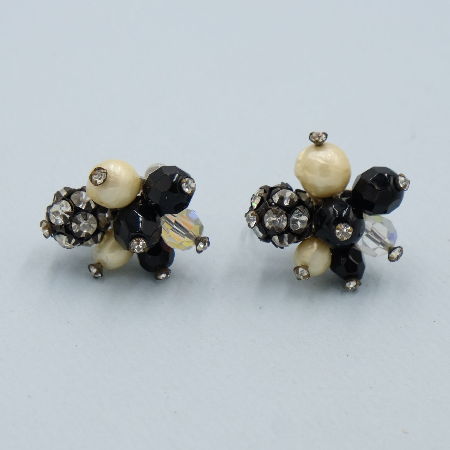 Vintage Vendome Black and White Cluster Earrings 1960s