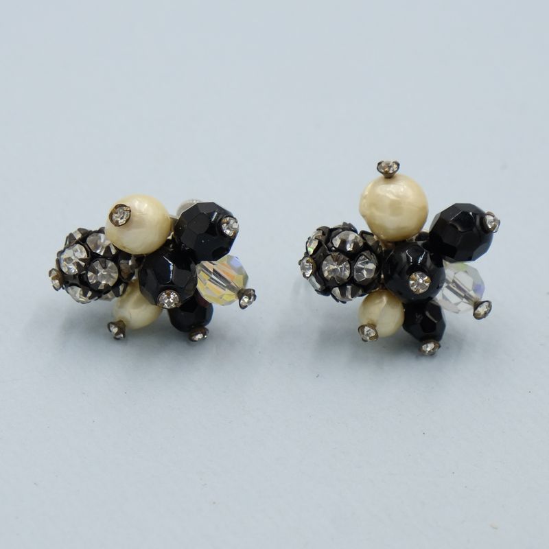 Vintage Vendome Black and White Cluster Earrings 1960s