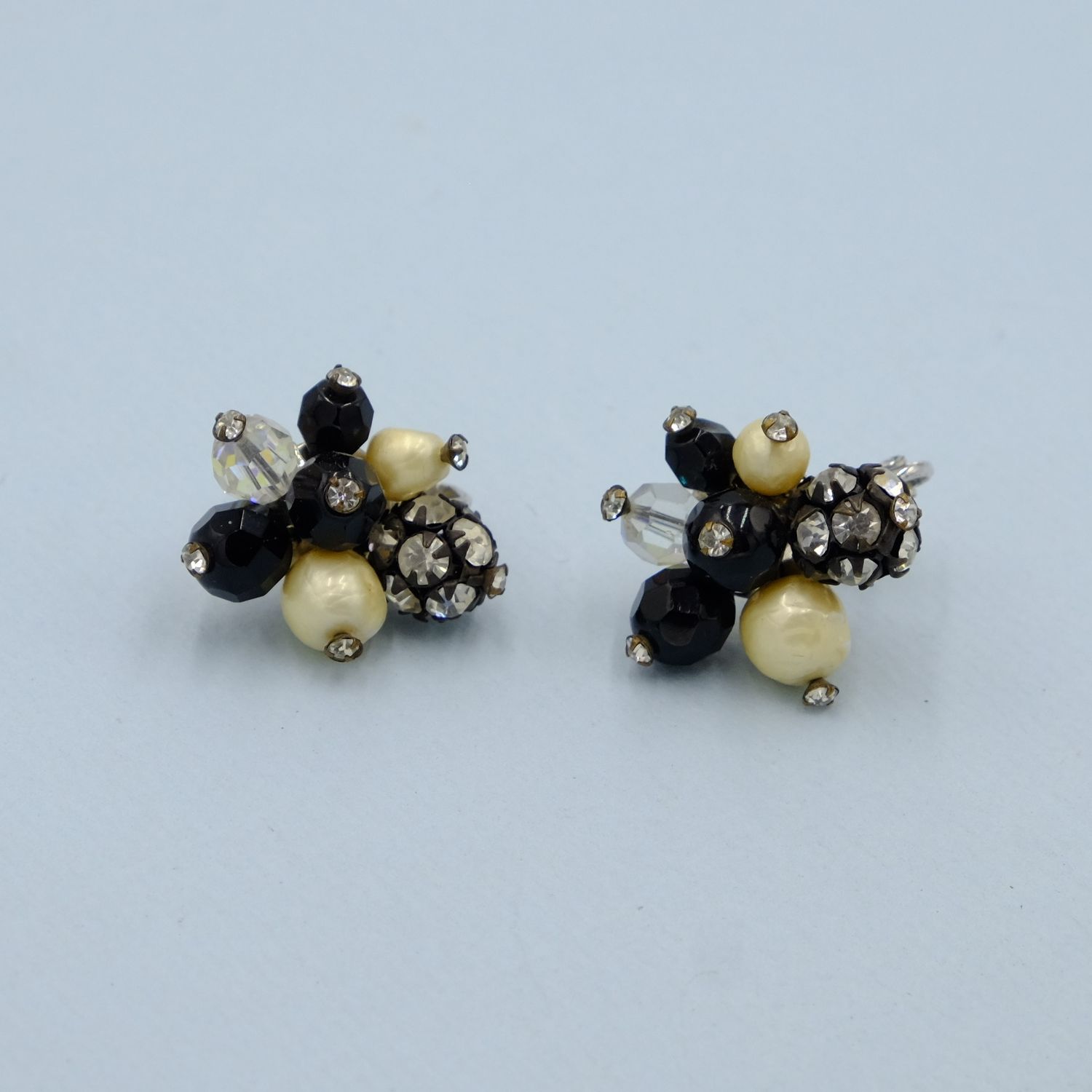Vintage Vendome Black and White Cluster Earrings 1960s