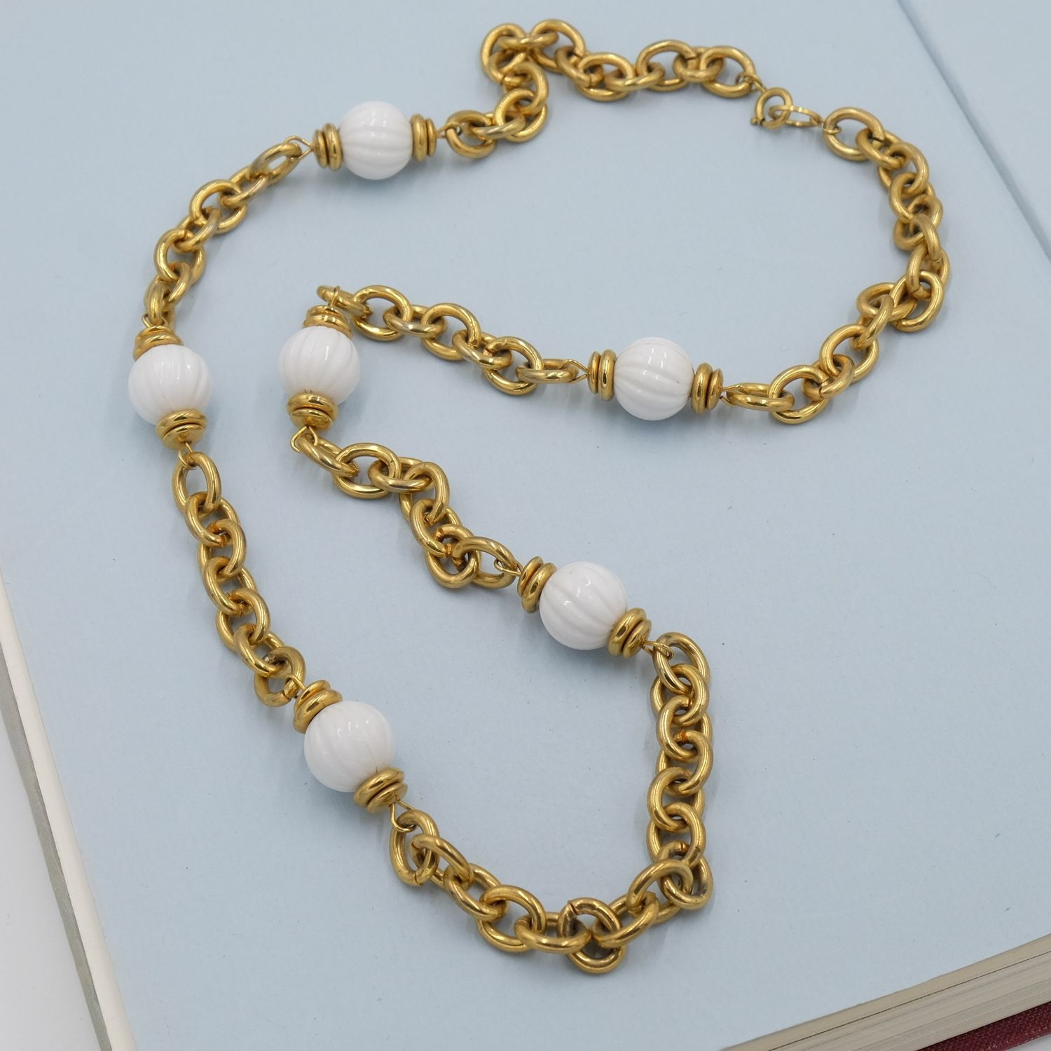 Vintage Heavy Chain with Milk Glass Melon Beads 1980s