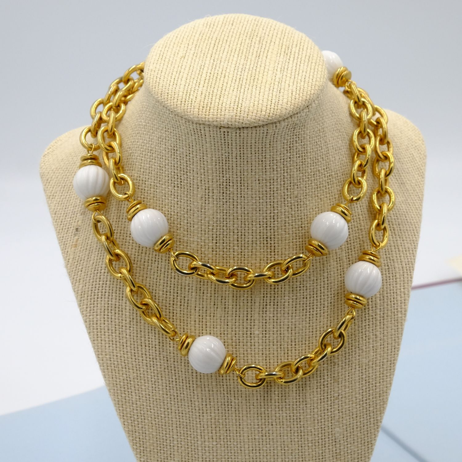 Vintage Heavy Chain with Milk Glass Melon Beads 1980s