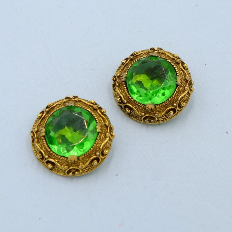 Vintage Large Green Glass Ornate Earrings 1980s