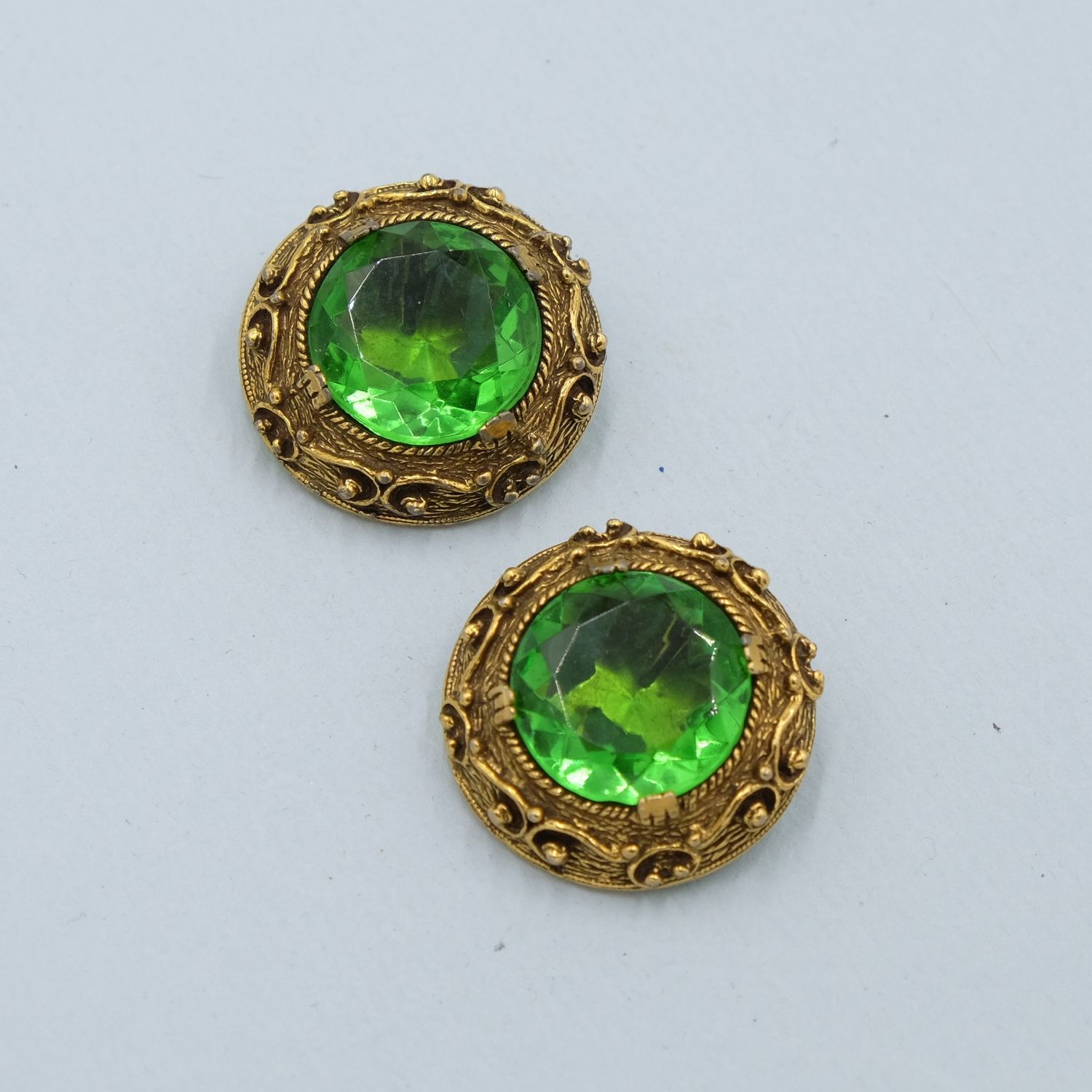 Vintage Large Green Glass Ornate Earrings 1980s