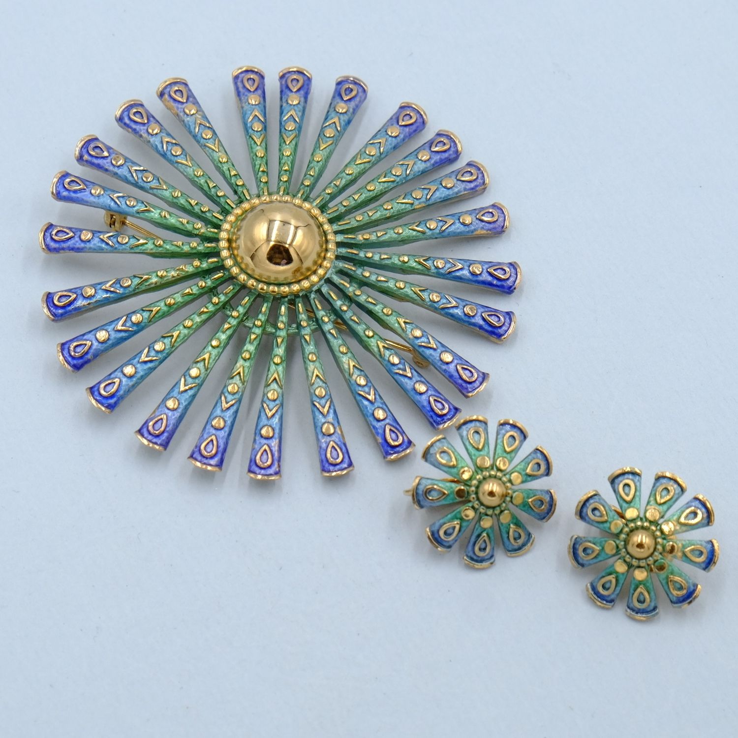 Vintage Large Etruscan Wheel Brooch and Earrings Set 1960s