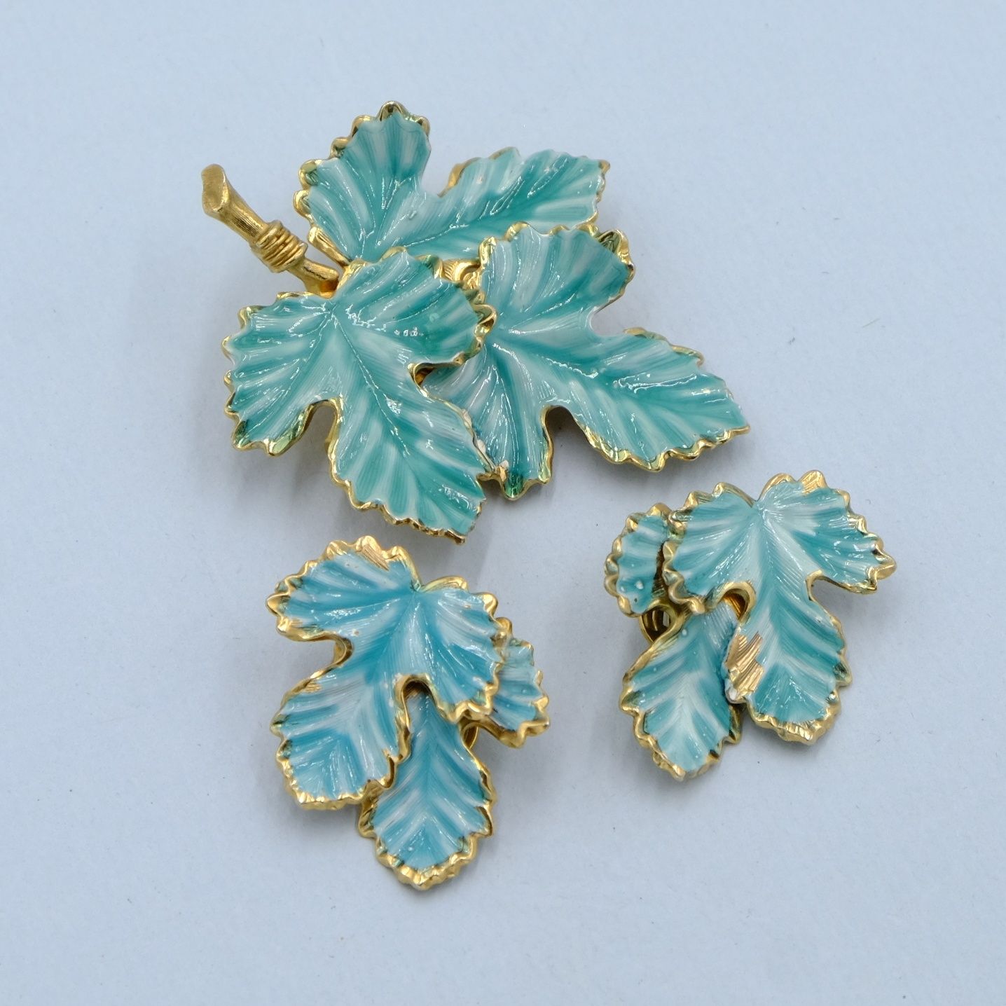 Vintage Enamel Leaf Brooch and Earrings Set 1960s