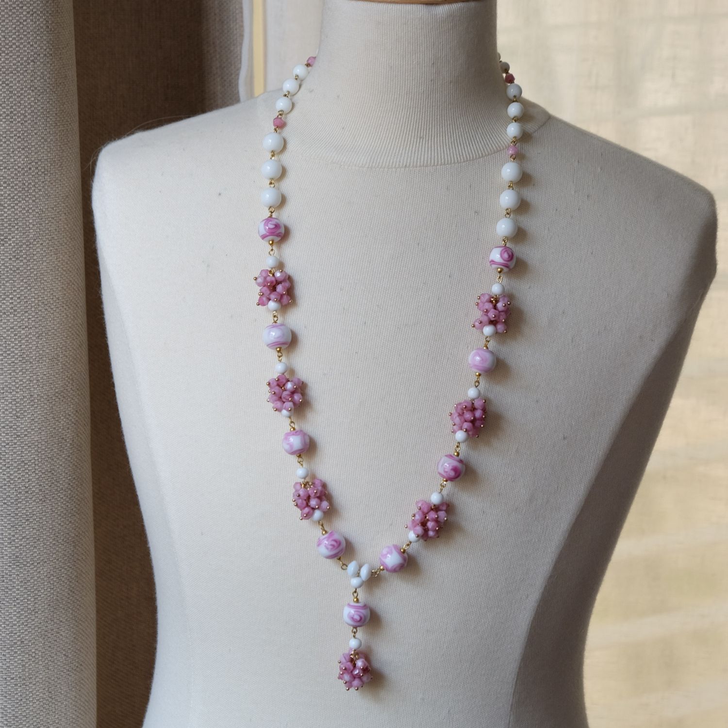 Vintage Pink Glass Necklace 1930s