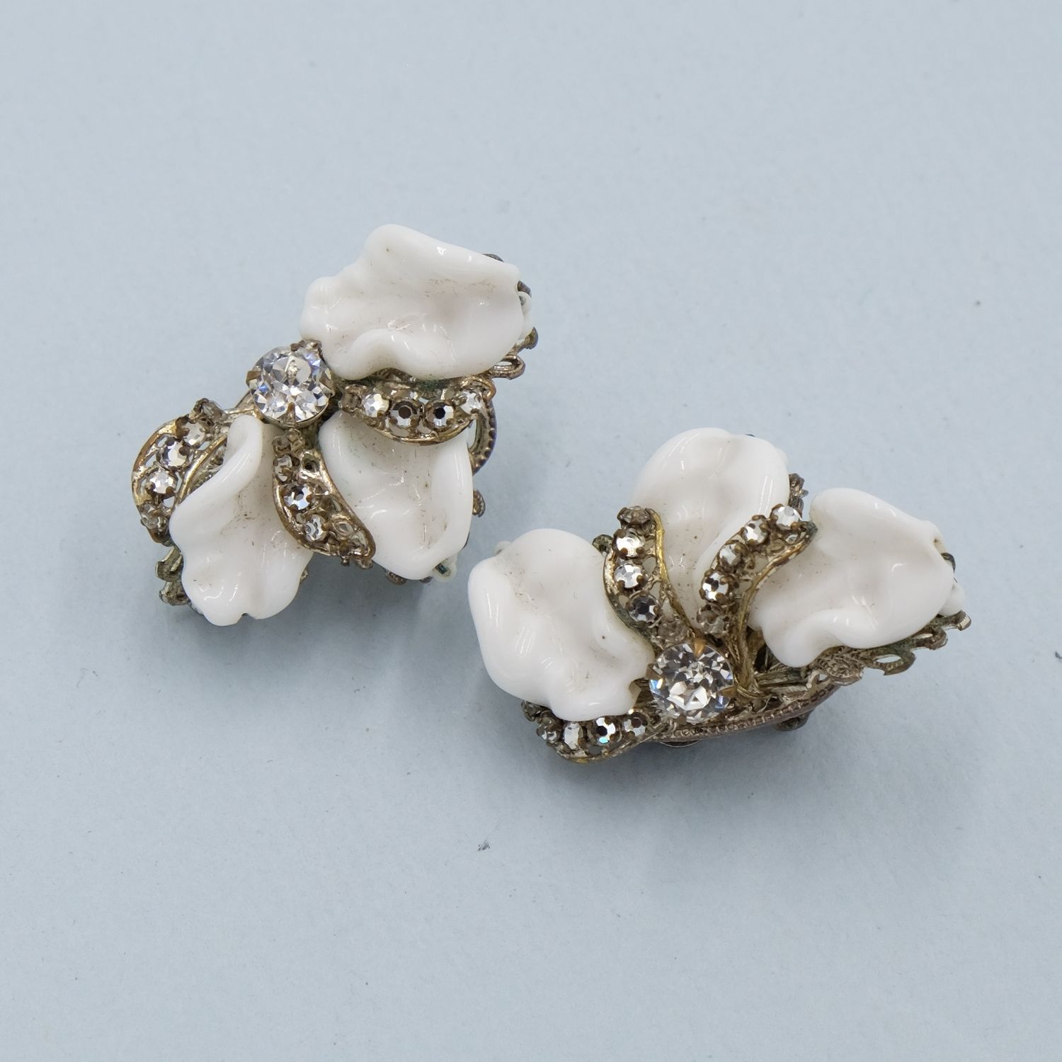 Vintage Miriam Haskell Milk Glass Earrings 1950s