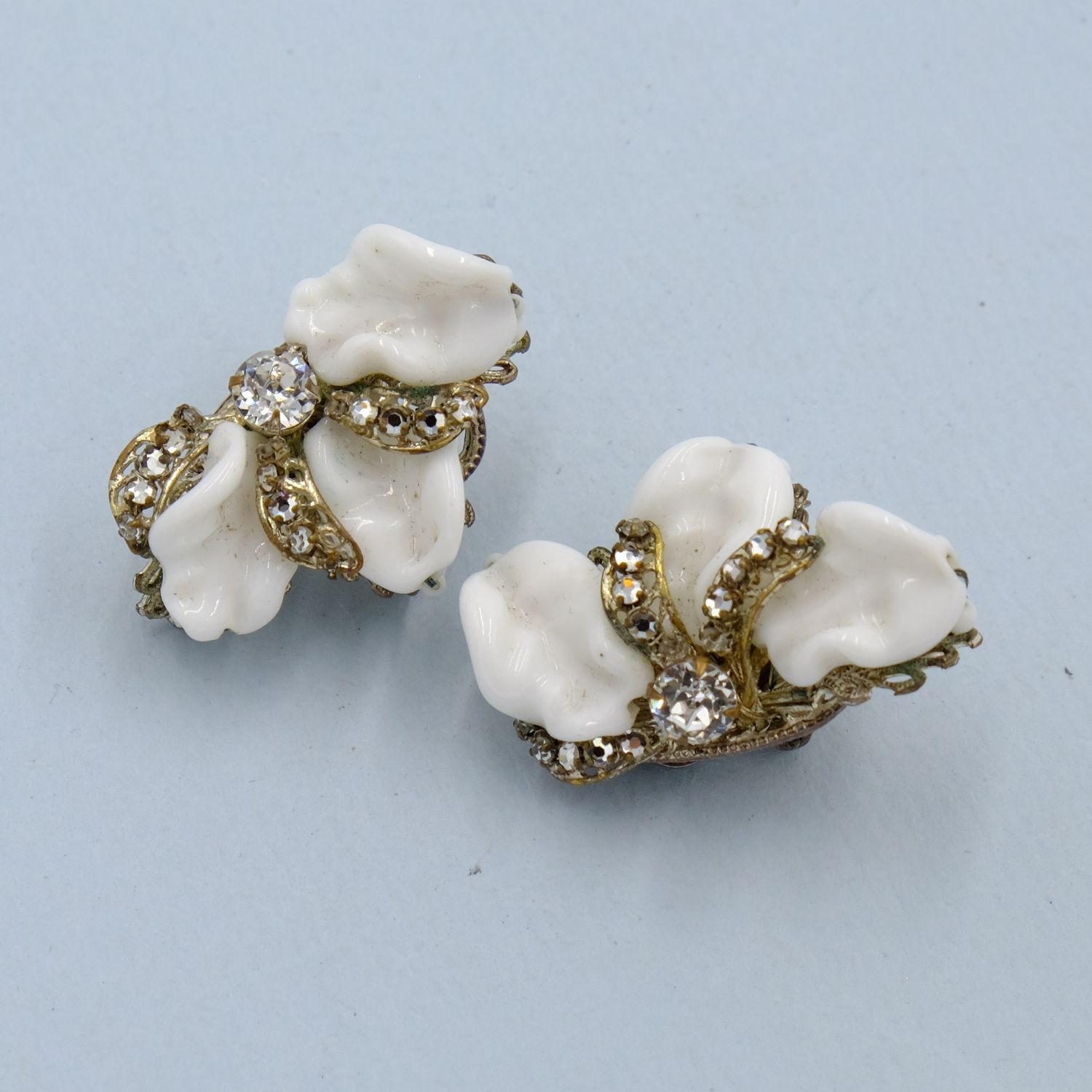 Vintage Miriam Haskell Milk Glass Earrings 1950s