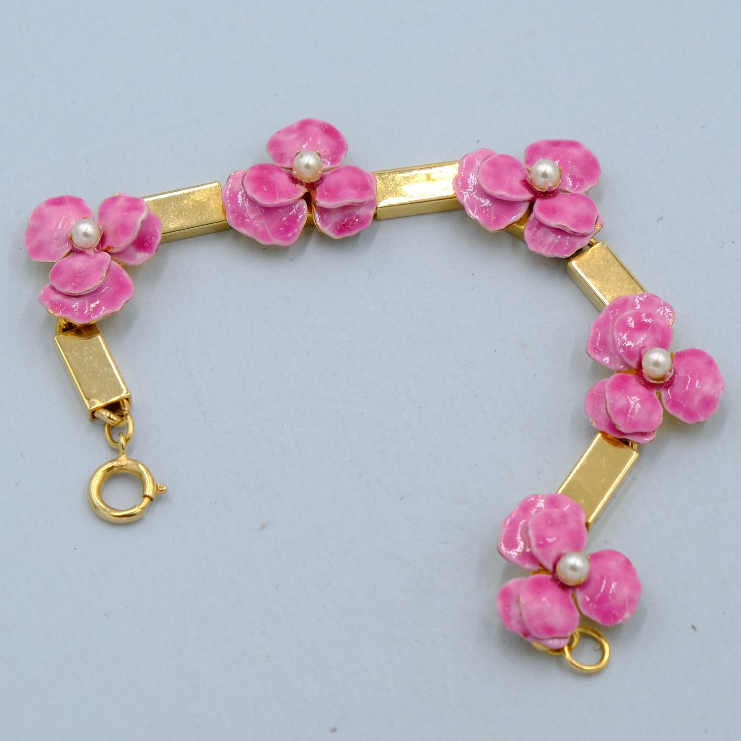Pink Flowers Enamel Bracelet 1960s