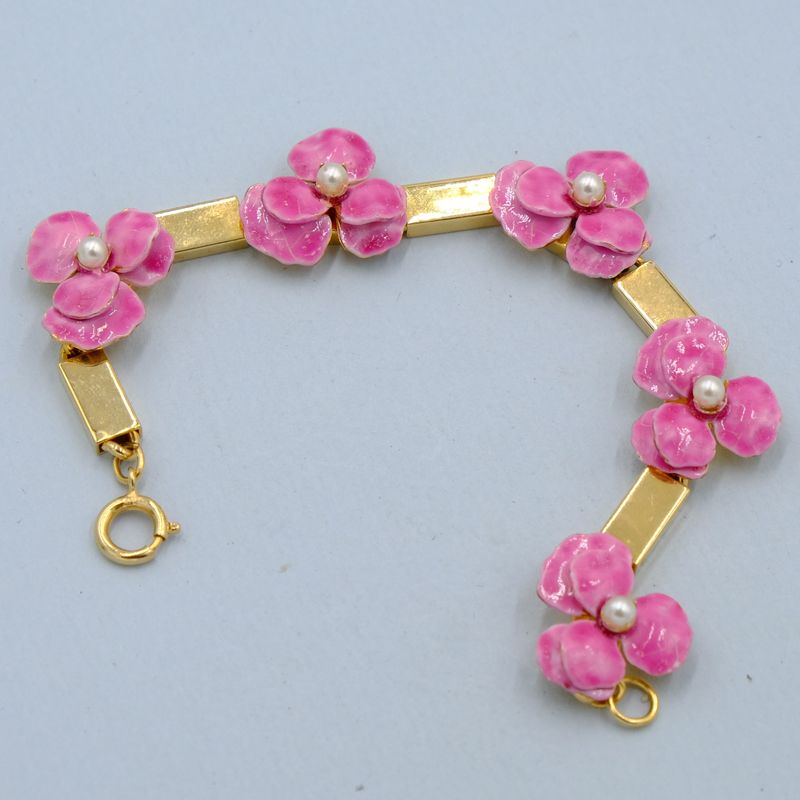 Pink Flowers Enamel Bracelet 1960s