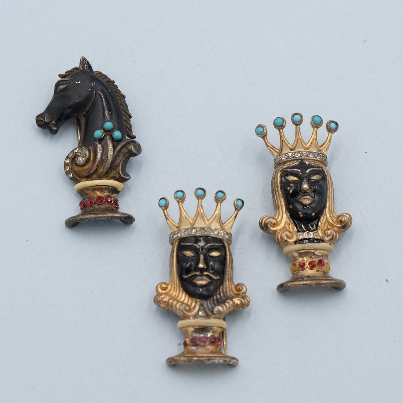 Collectible Trifari Sterling Chess Trio Set Dress Clip 1940s