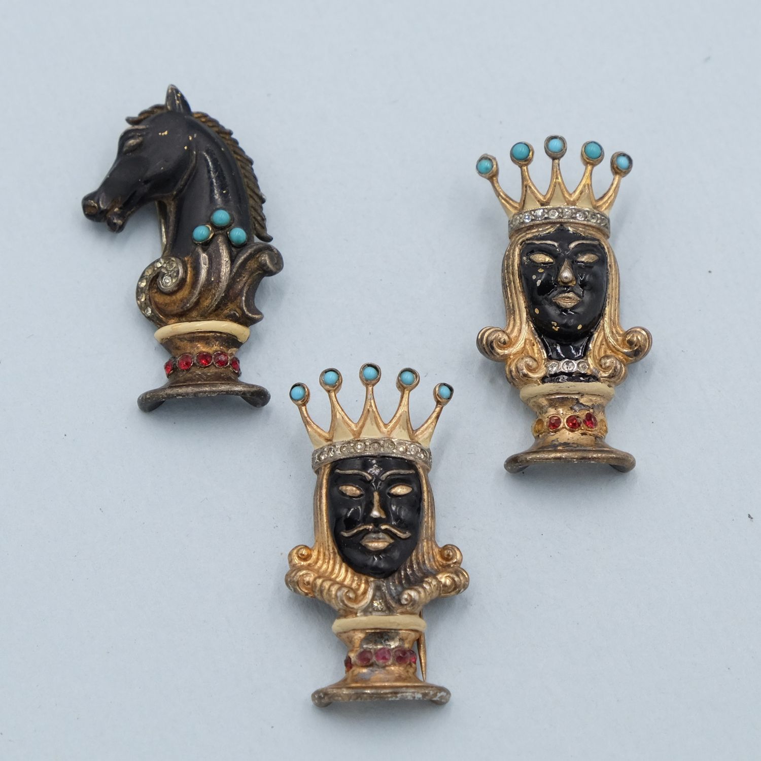 Collectible Trifari Sterling Chess Trio Set Dress Clip 1940s