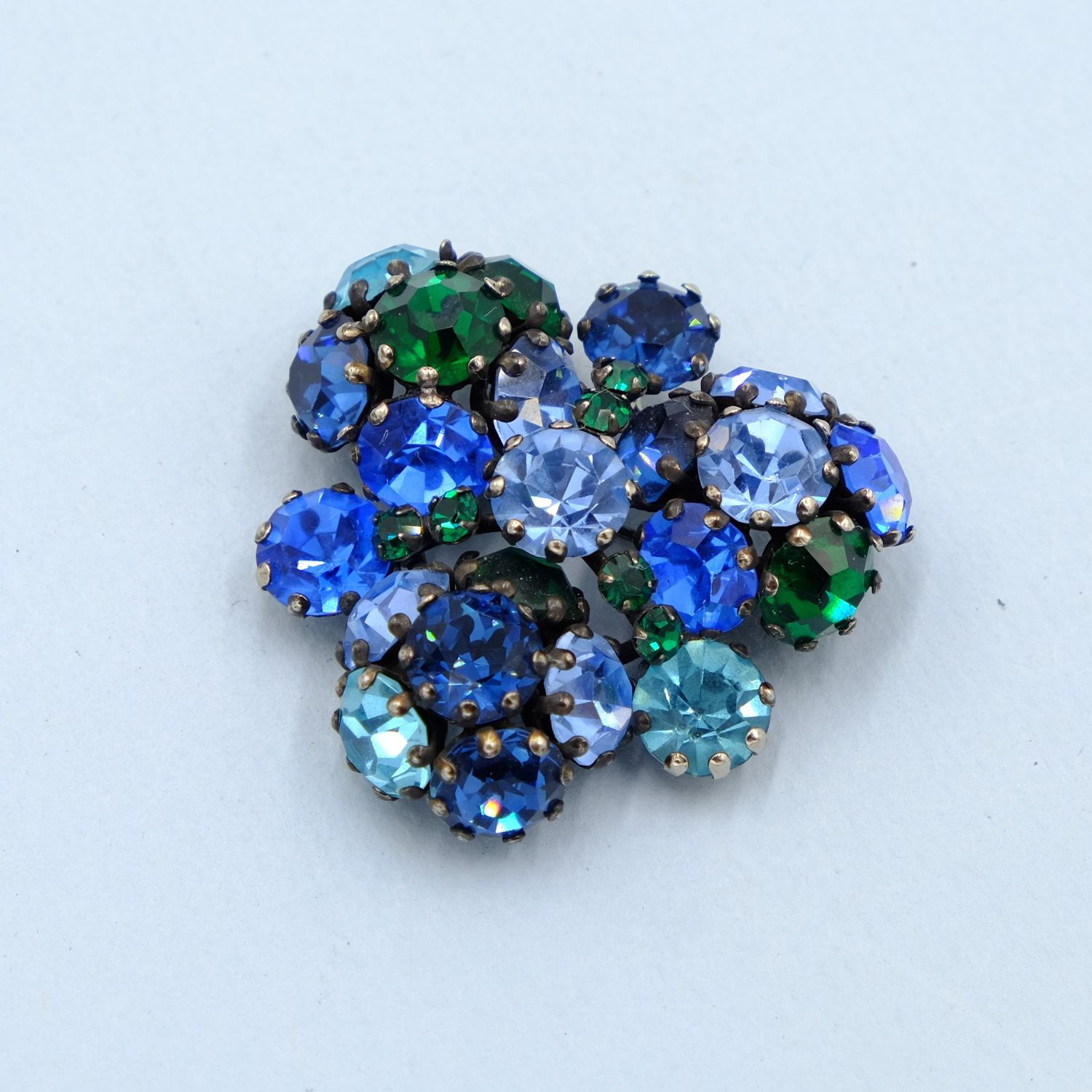 Vintage Dimensional Blue Green Rhinestone Brooch 1950s