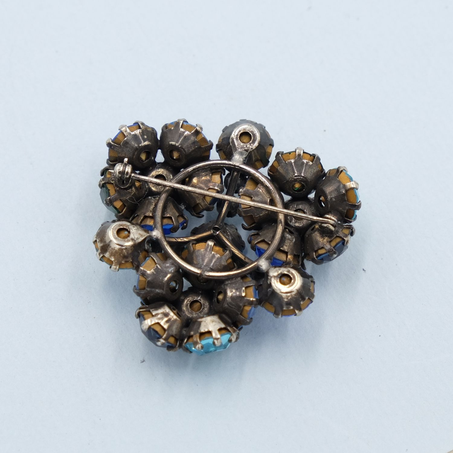 Vintage Dimensional Blue Green Rhinestone Brooch 1950s